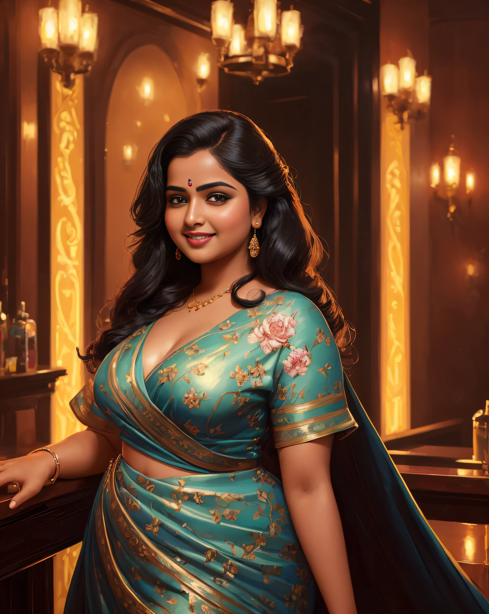 (masterpiece oil painting:1.3) of a (solo:1.3) ravishing curvy chubby tall seductress Anupama Parmeshwaran as spy, at an elegant bar, wearing chic designer mini dress & stole, with floral prints, navel, luscious glossy lips, (ravishing long wavy backlit hair), (intricate kohl lined eyes:1.3), (vicious smile:1.3) soft dramatic lighting, seductive tension, backlit, light rays, highly detailed, trending on artstation, paint splashes, rich colour, fantasy portrait, by atey ghailan & greg Rutkowski