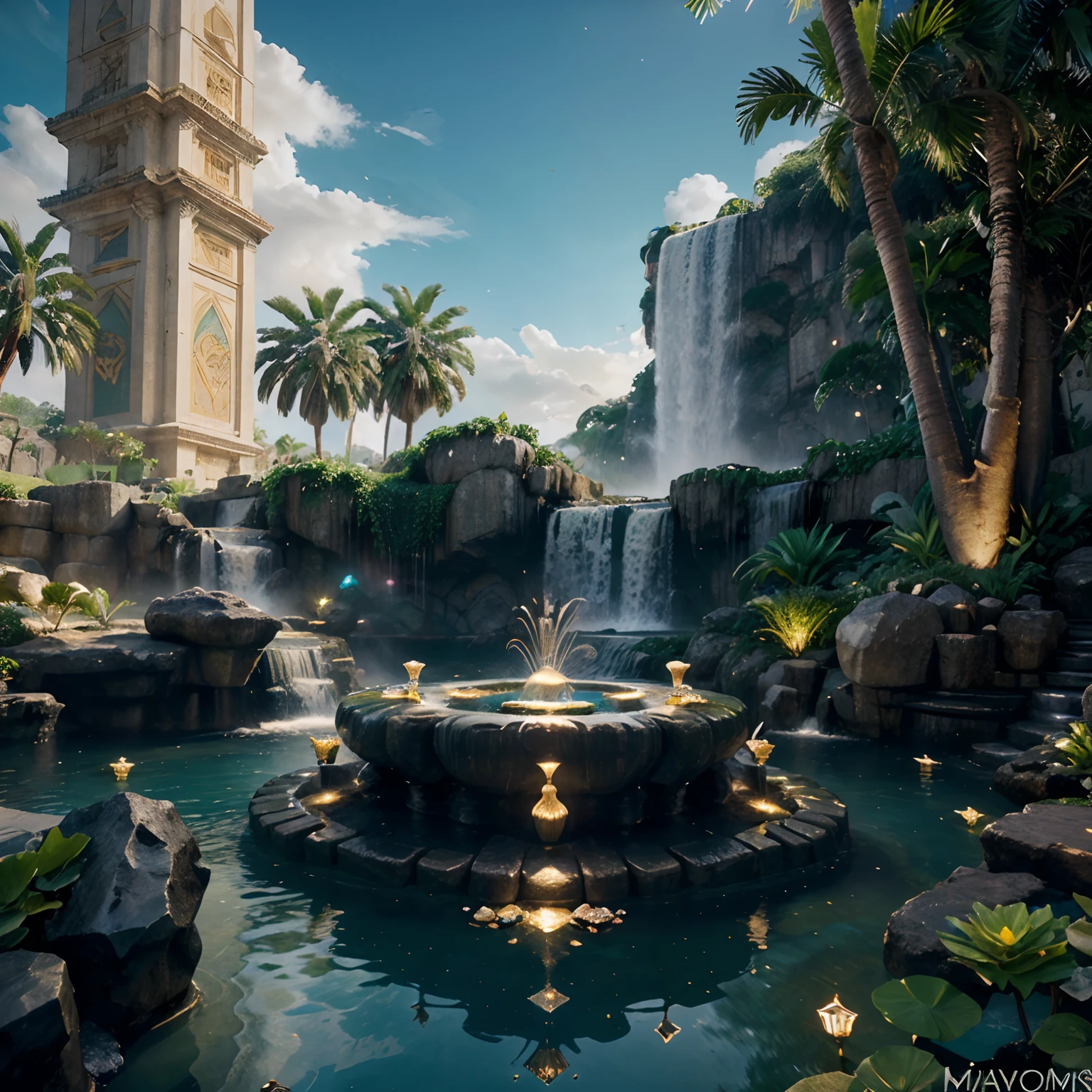 incredible luxurious futuristic garden in Ancient Islamic style with many ((lush plants)) (lotus flowers), ((palm trees)), rocky walls, (sand), ((amazing waterfalls)), (marble), ((precious minerals)), ((metals)), (gemstones), crystals, clouds and ((water)), futuristic luxury furniture, crocodiles, ((hieroglyphics)), (((ultra luxury))), (black marble) – with ((beautiful lights)), Unreal Engine, HQ, 16k