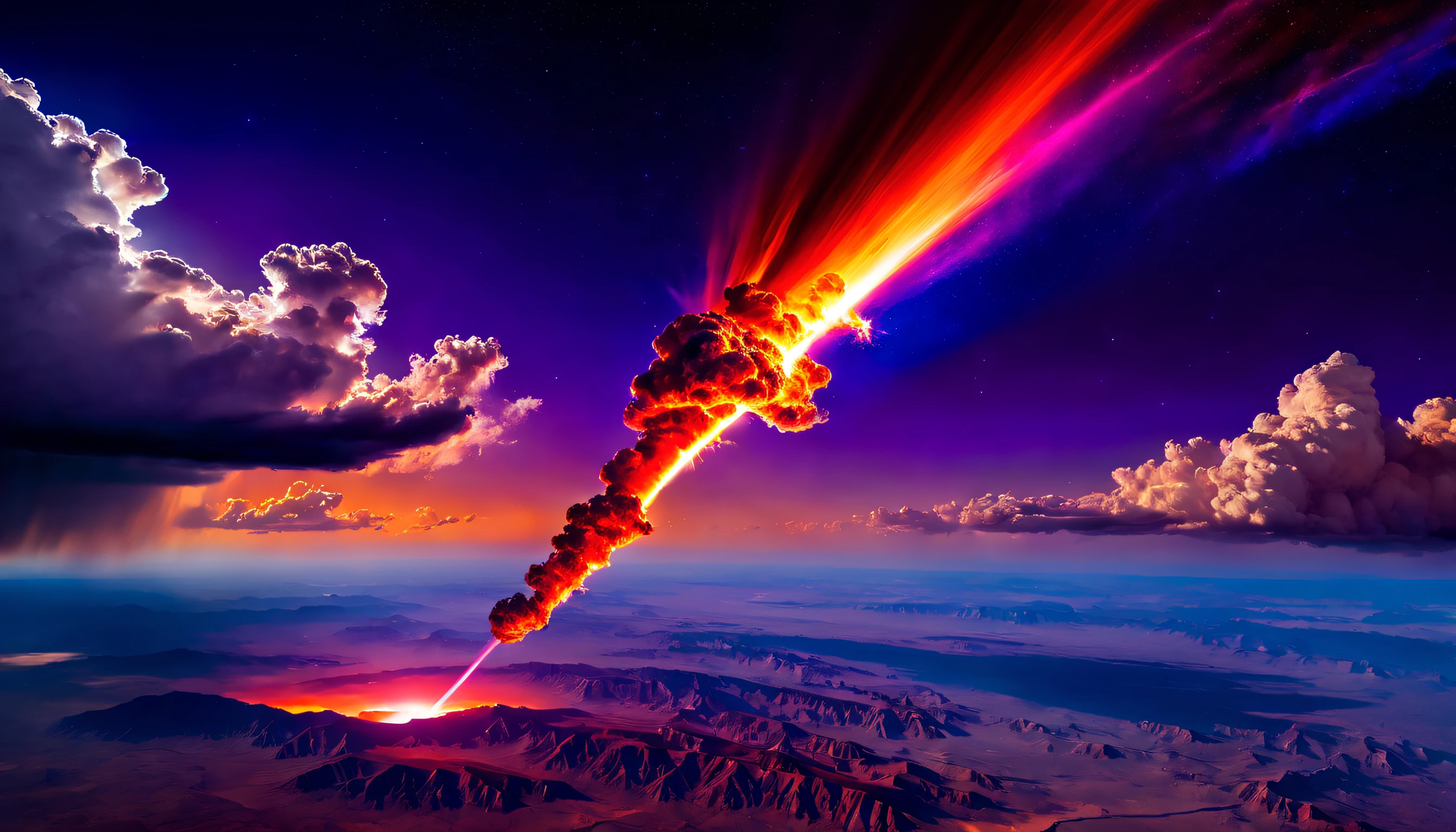 An aerial view of a magnificent meteor, with stark edges and a fiery tail, gracefully entering Earth's atmosphere. The sky is ablaze with a colorful palette of oranges, reds, and purples, enhancing the surreal and awe-inspiring scene. The clouds are illuminated from below, creating an ethereal effect.