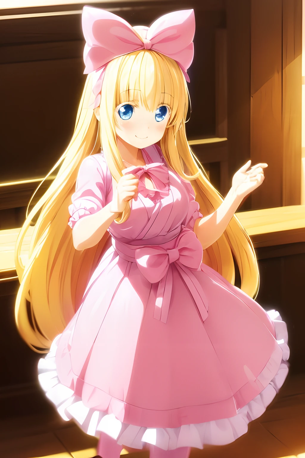 (((Cute blonde woman, long hair with big pink bow, Blue eyes))), cute pink yukata, in the cafeteria, 8k, smiling, pink lips, princess tiara, crystal high heels, eating a strawberry cake