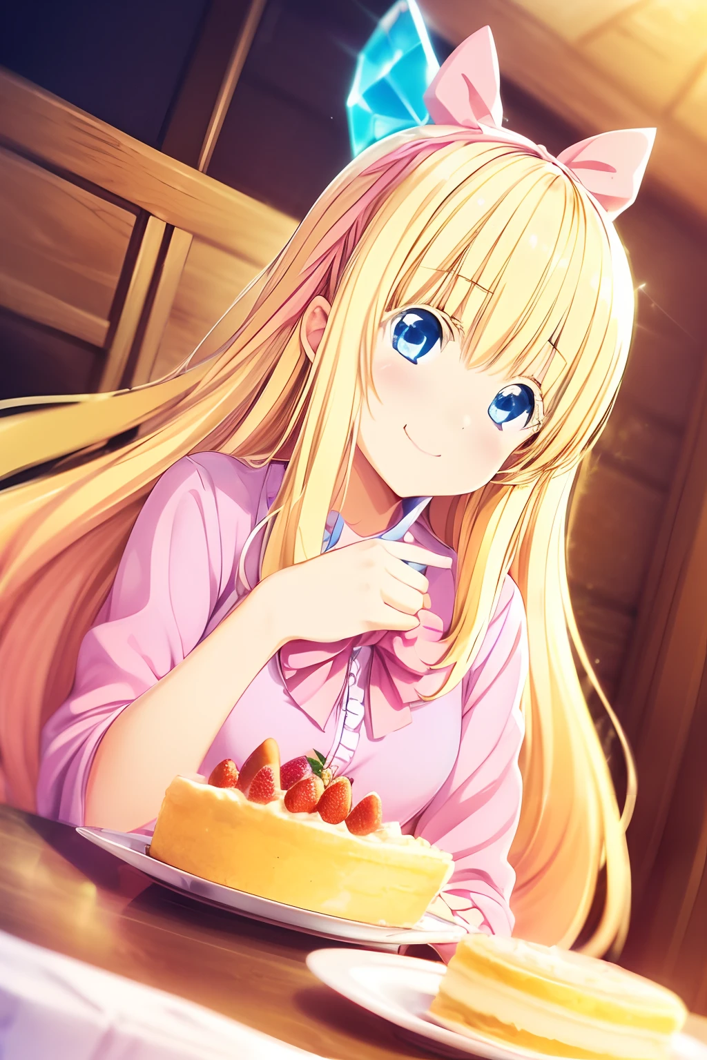 (((Cute blonde woman, long hair with big pink bow, Blue eyes))), cute pink yukata, in the cafeteria, 8k, smiling, pink lips, princess tiara, crystal high heels, eating a strawberry cake