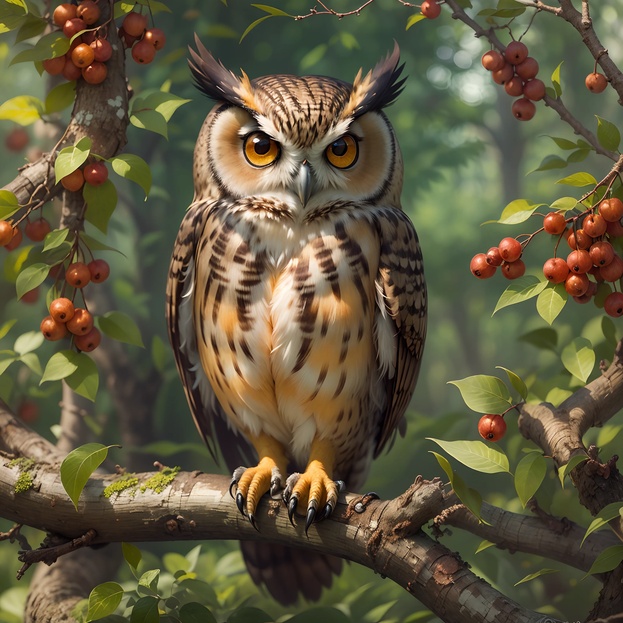 (Best quality,Ultra-detailed,Realistic:1.37),（（a cute owl，adorable expression，Tilt your head，shocked，Delicate claws，Wear a bow tie，）），perched on a sturdy branch,The elegant branches are covered with small red fruits,stare into the distance,Amazingly sharp focus,Illuminated by the warm golden sun,Set against the backdrop of lush greenery.