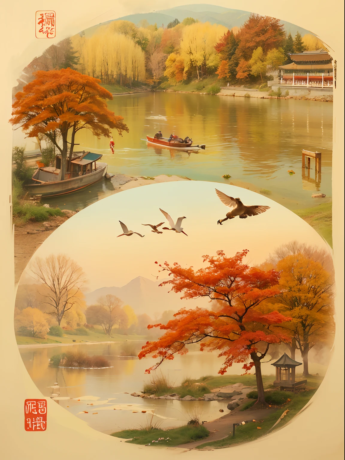 Peaceful scenery at dawn, Soft gold tones depict the horizon where birds sing,autumnal,Flaming red maple,riverbank,A place where nature and technology live in harmony,Let this artwork transport the viewer to another world, Old and new intertwined,Form captivating photos of nostalgia and innovation,China-style