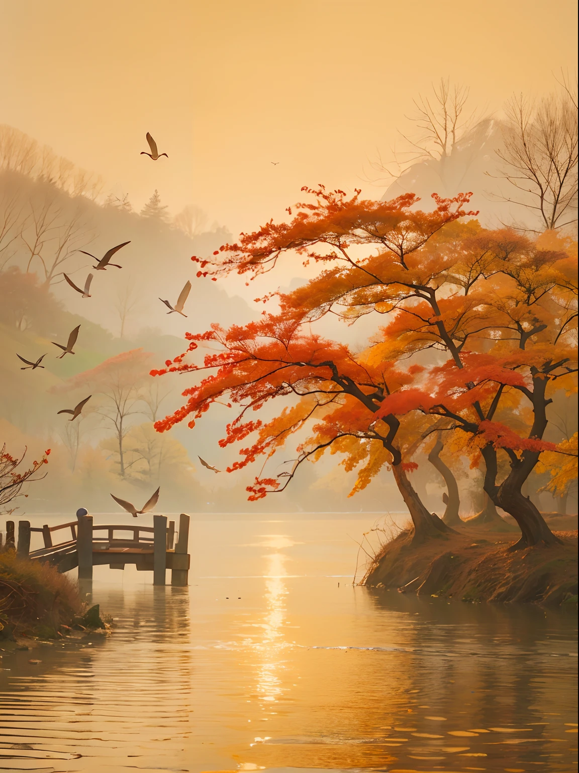 Peaceful scenery at dawn, Soft gold tones depict the horizon where birds sing，autumnal，Flaming red maple，riverbank，A place where nature and technology live in harmony，Let this artwork transport the viewer to another world, Old and new intertwined，Form captivating photos of nostalgia and innovation，China-style