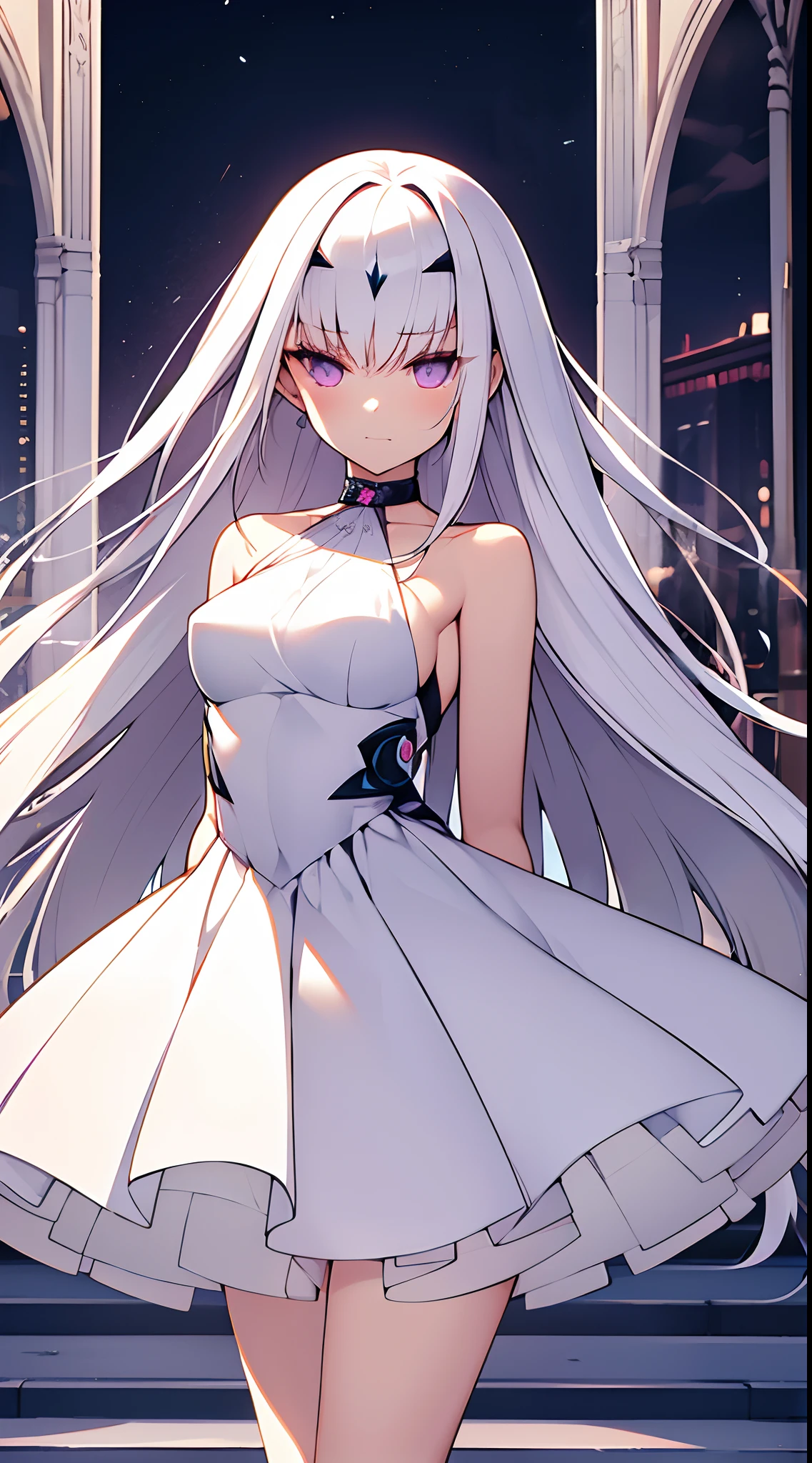 White-haired woman,Beautiful purple eyes,White dress,Beautiful evening dresses, It covers all vital organs except the face..........., Wear a knee-length white dress............,The arm does not reach the top of the hip............,The arms are small.........., But the ligaments are very large............,Soft hands,at night,,turned sideways..,realistic fingers