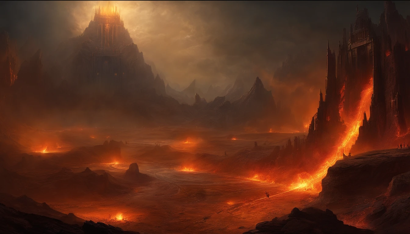 24k,ultra - detailed， Hellscape, The bottom of hell, the final battle in hell, apocalyptic landscape!!!!!, mustafar, Hell ruins, ! apocalyptic landscape!!, Awesome D & D The Art of the Dark Sun, portal to hell, portal to hell, World of Warcraft art, rescue from the underworld!!!!!!