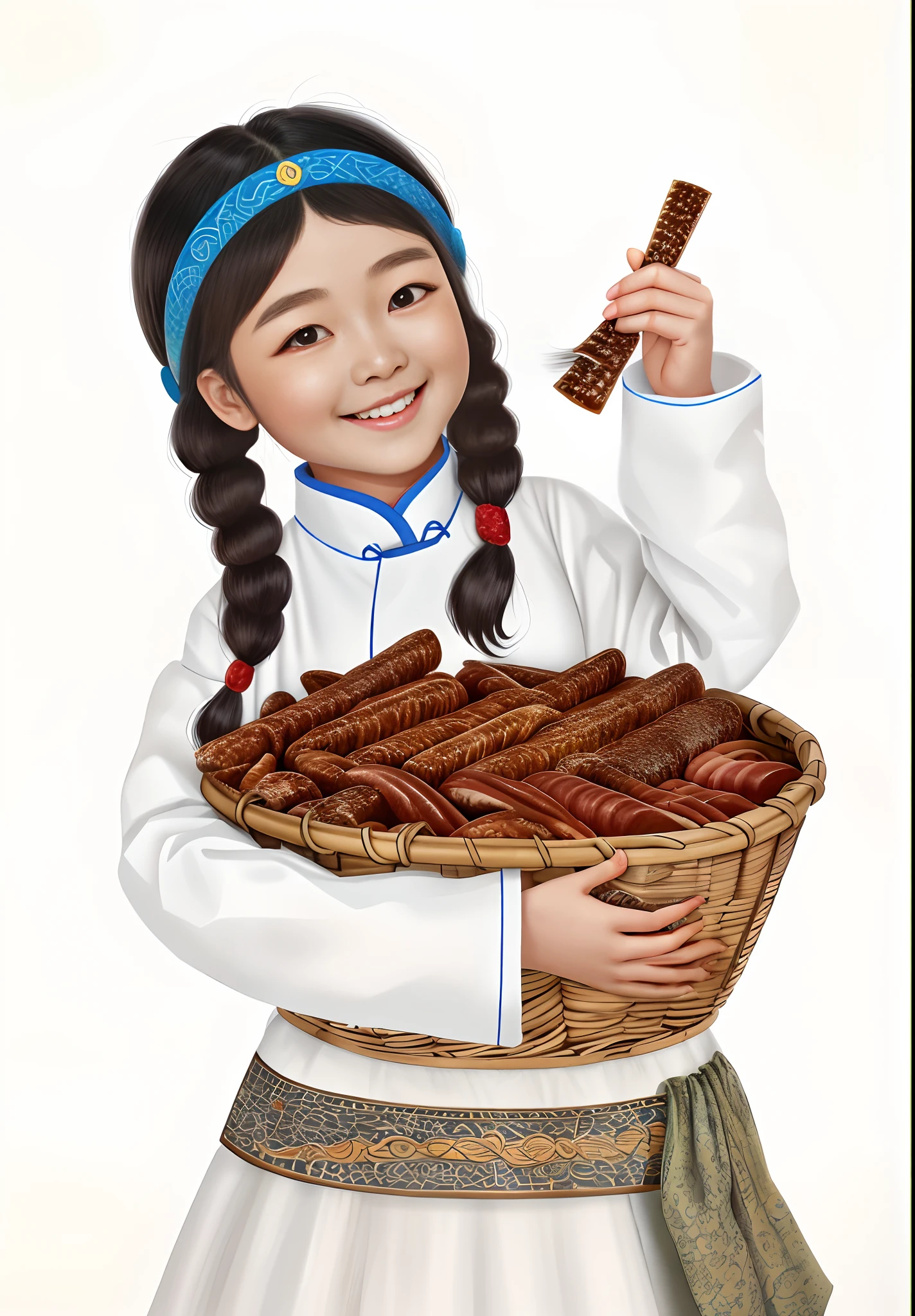A little Mongolian girl holds a basket of sausages in her left hand，Take a sausage in your right hand, Chinese girl, Double eyelids, large eyes，Black hair，Happy smile，Young Asian girl, inspired by Li Mei-shu, Girl, full-colour illustration, Inspired by Cao Zhibai, Chinese woman, Ancient sword, portrait of mulan, Official illustration, Chinese traditional, Korean girl, gongbi, China Princess, shaxi, full color digital illustration, sichuan