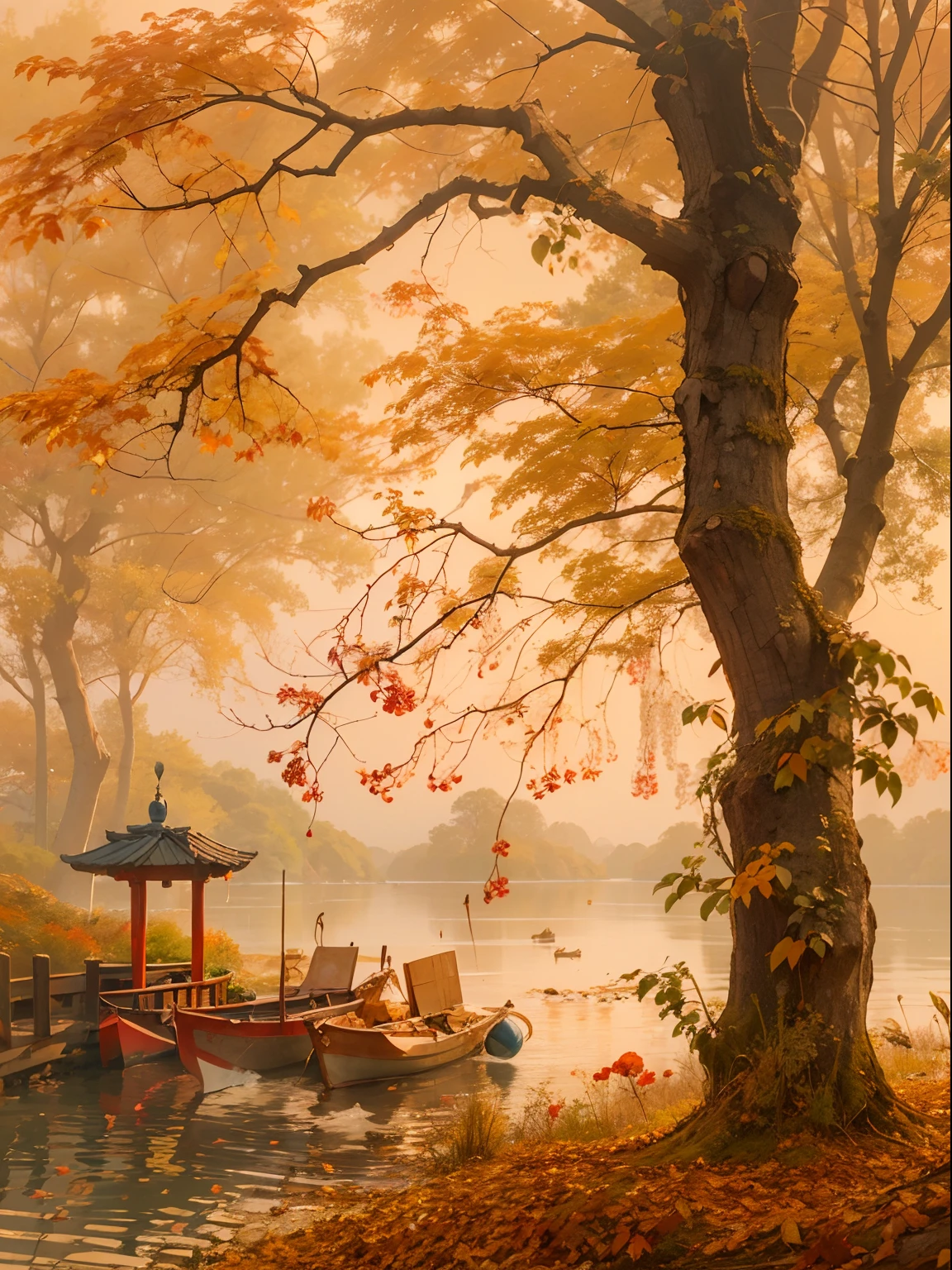 Peaceful scenery at dawn, Soft gold tones depict the horizon where birds sing,autumnal,Flaming red maple,riverbank,A place where nature and technology live in harmony,Let this artwork transport the viewer to another world, Old and new intertwined,Form captivating photos of nostalgia and innovation,China-style