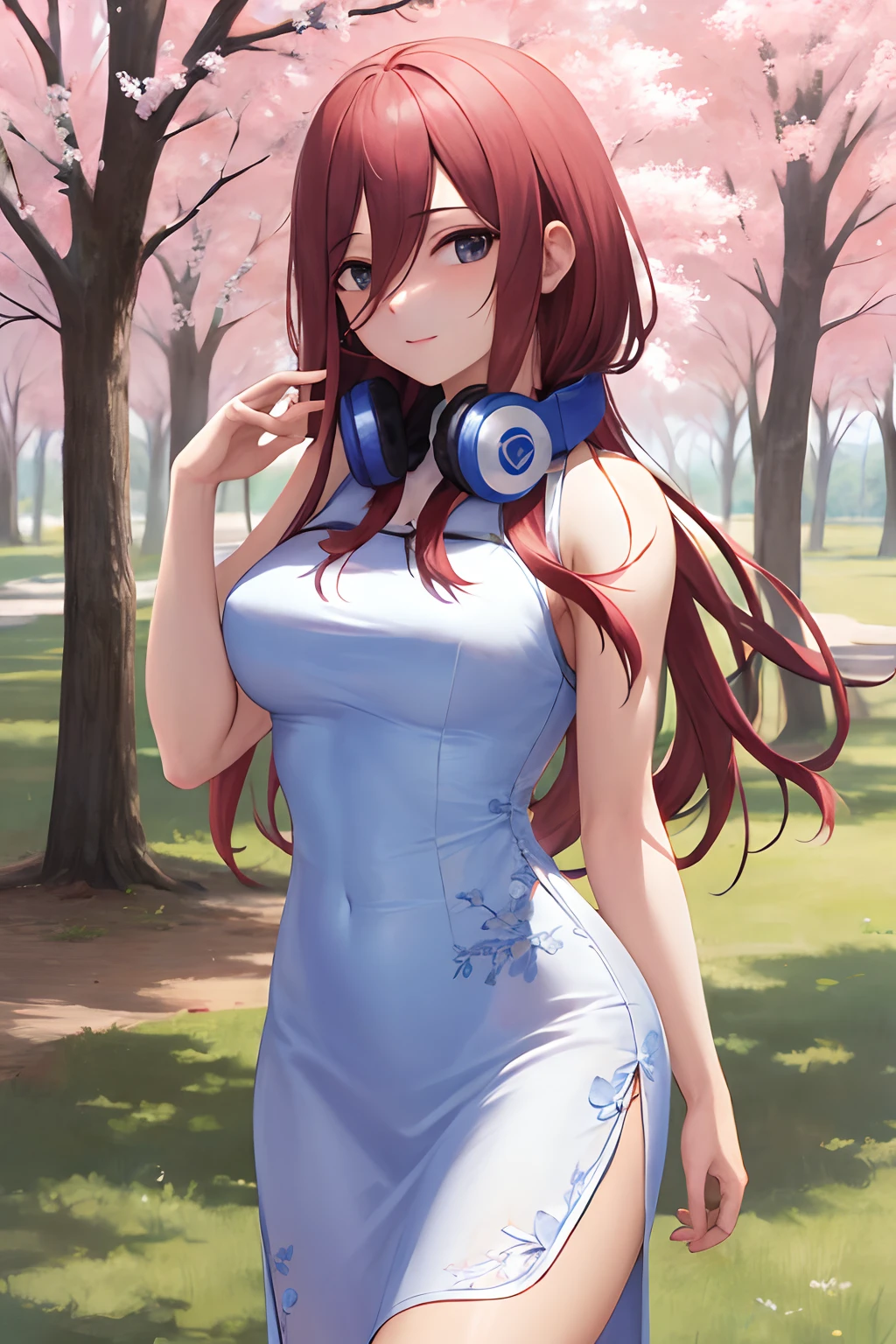 masterpiece, best quality, cheongsam dress, headphones around neck, long hair, cowboy shot, sakura trees background