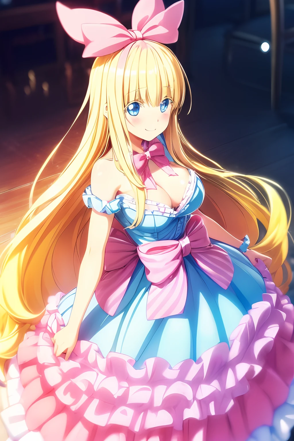(((Cute blonde woman, long hair with big pink bow, Blue eyes))), cute pink yukata, in the cafeteria, 8k, smiling, pink lips, princess tiara, crystal high heels, eating a strawberry cake