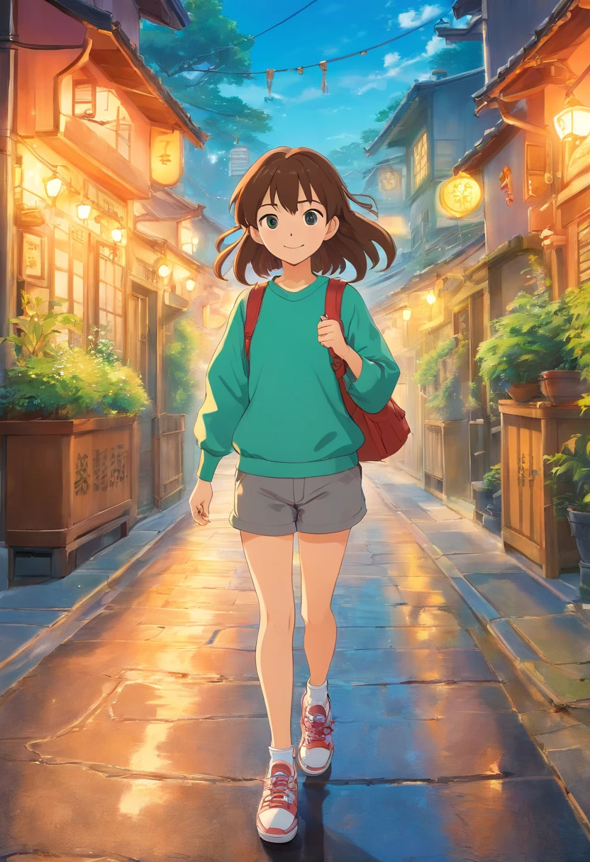 Real Photographics，Hyper-realistic，Ultra photorealism，Super-slim;，Genki's Girl，adorable，Smile，Long hair，Graduated bangs ，denim pants，Athletic sneakers，rays of sunshine, Light green eyes