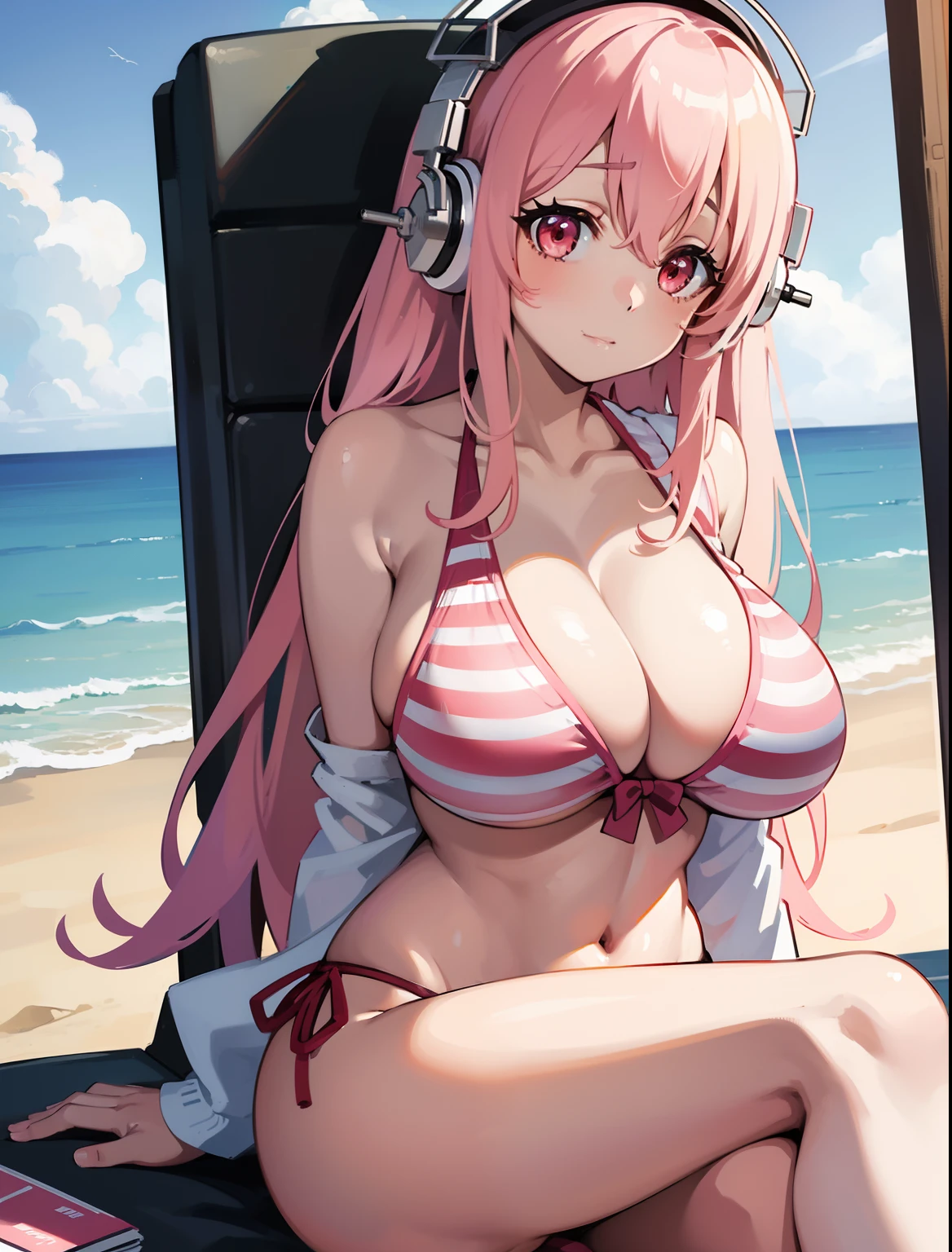 (1girl), Super Sonico enjoying the beautiful beach scenery, with her red eyes shining and headphones on, sitting on the sand in a pink and white striped bikini, massive breasts, huge breasts, 1girl, solo, masterpiece, high quality