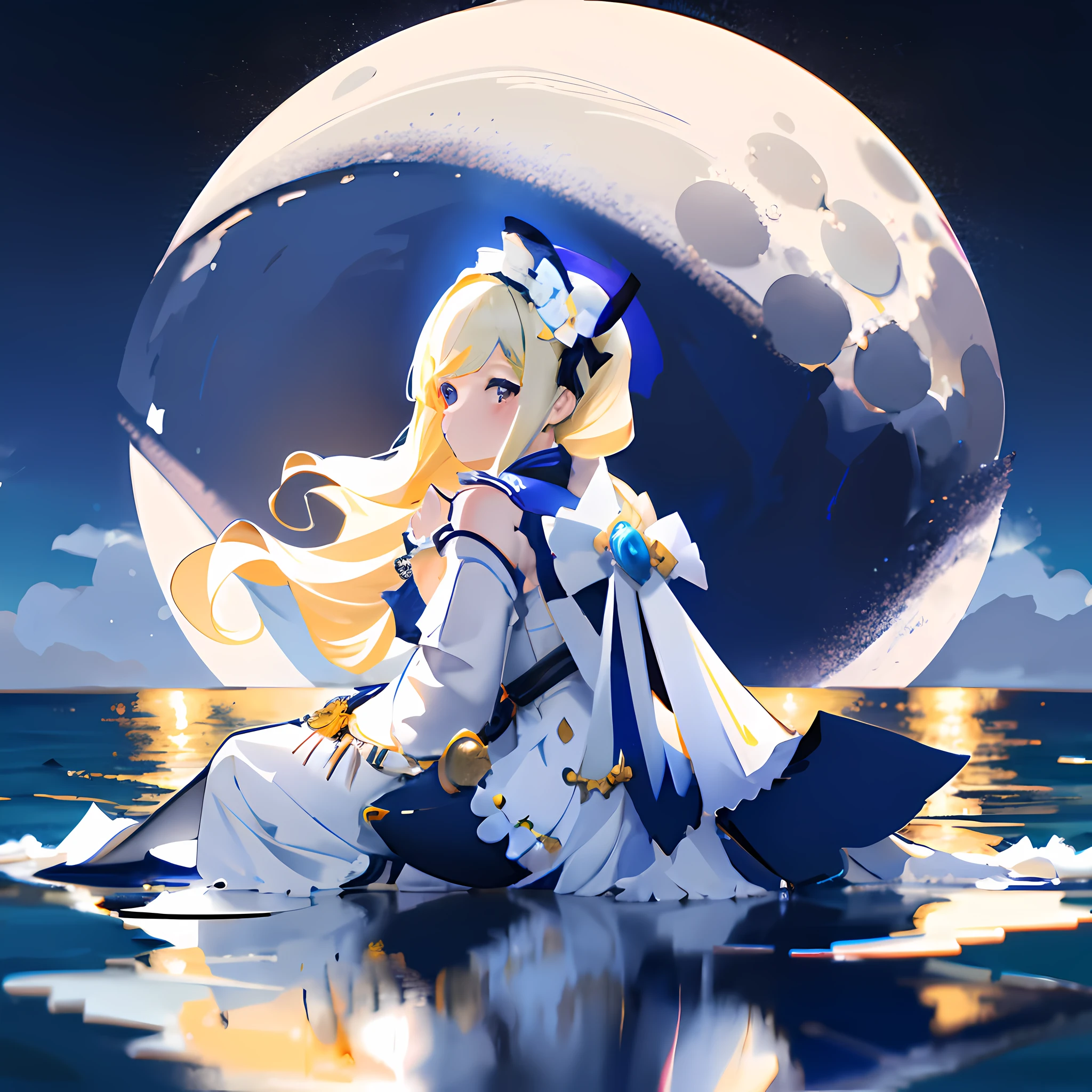 anime girl in a white dress standing in the ocean with a full moon in the background, trending on artstation pixiv, goddess of the moon, goddess of the ocean, official artwork, moon goddess, marin kitagawa fanart, portrait knights of zodiac girl, blonde - haired princess, rossdraws sakimimichan, the glow of the moonlight