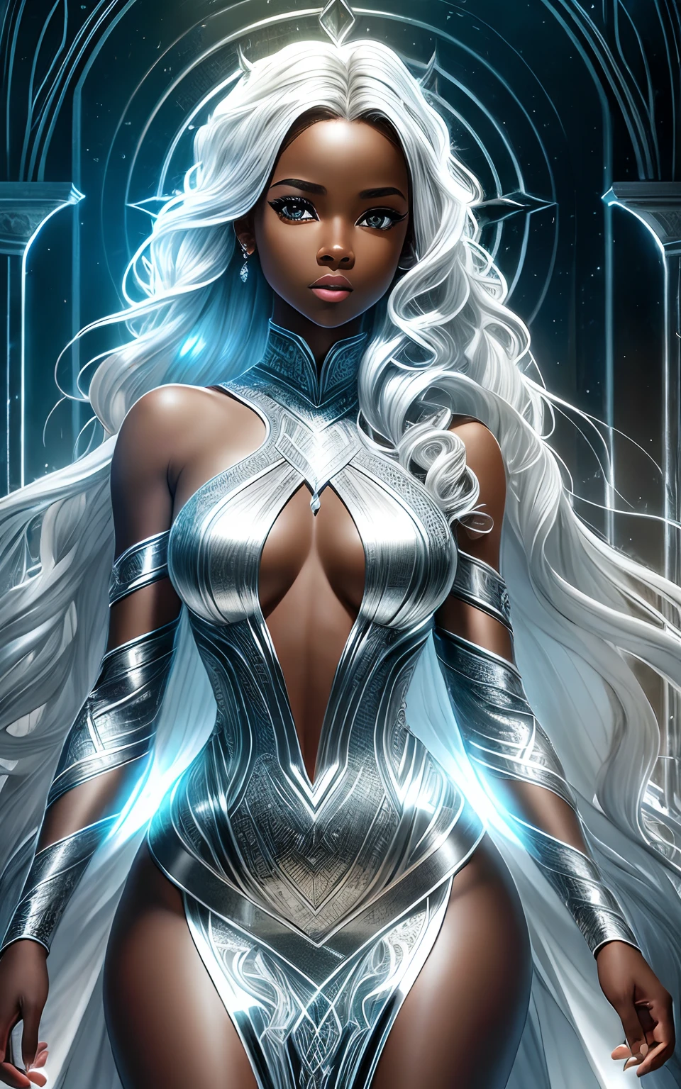 award winning 64k concept art of (black 1girl:1.2) in white majestic open dress standing bravely, looking away, posing, epic, god rays, centered, upper body, (masterpiece:1.2), (best quality:1.2), Amazing, highly detailed, beautiful, finely detailed, warm soft color grading, Depth of field, extremely detailed 64k, fine art, stunning, iridescent, shiny, (light reflections:1.2), (crisp:1.5), silver curls, storm, vibrant, sunlit, (edge detection:1.2), absurdres, impressive, 120mm, outlining, wide thighs, mirrors