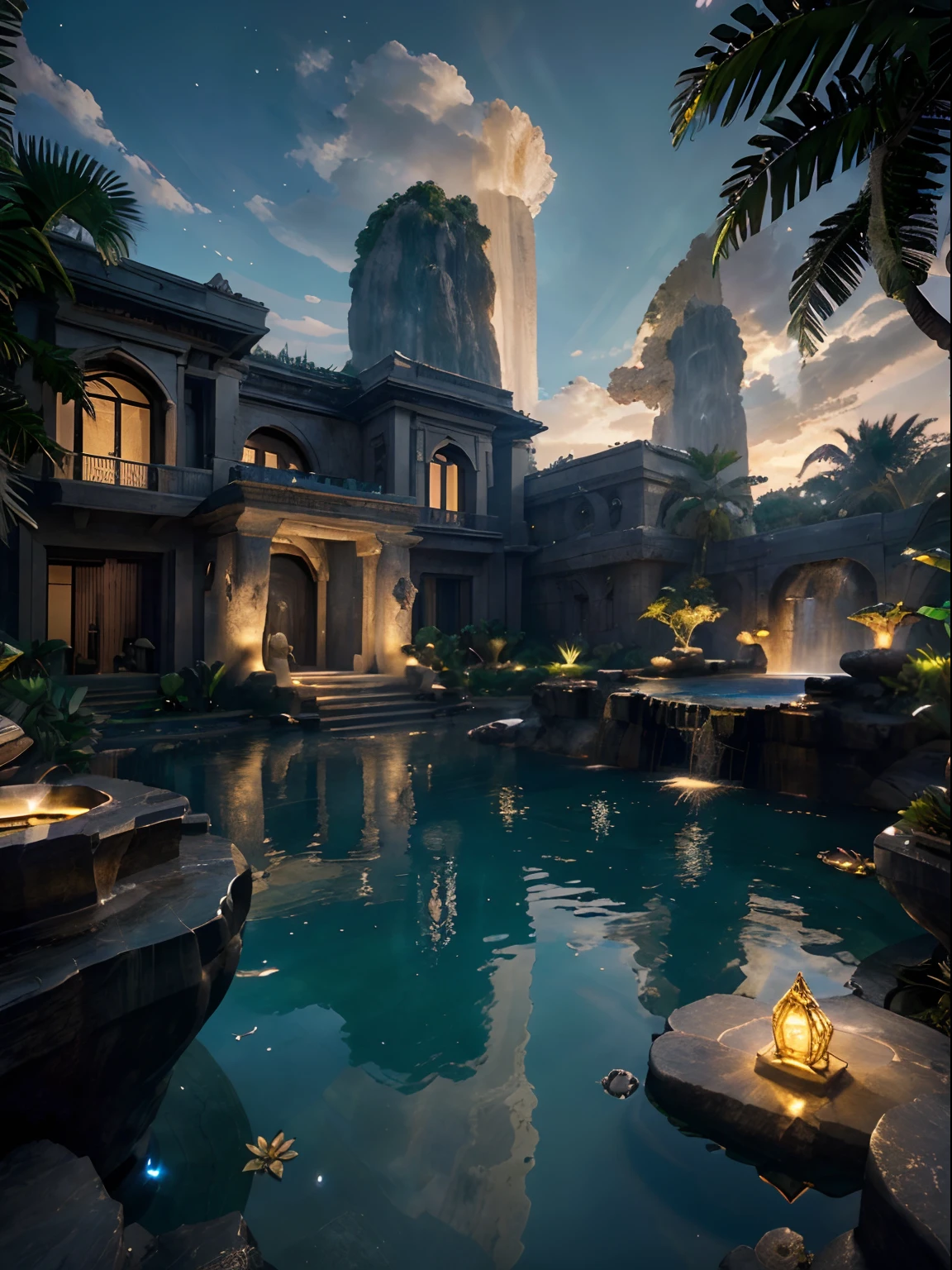 incredible luxurious futuristic exterior mansion in Ancient Islamic style with many ((lush plants)) (lotus flowers), ((palm trees)), rocky walls, (sand), ((amazing waterfalls)), (marble), ((precious minerals)), ((metals)), (gemstones), crystals, clouds and ((water)), futuristic luxury furniture, crocodiles, ((hieroglyphics)), (((ultra luxury))), (black marble) – with ((beautiful lights)), Unreal Engine, HQ, 16k