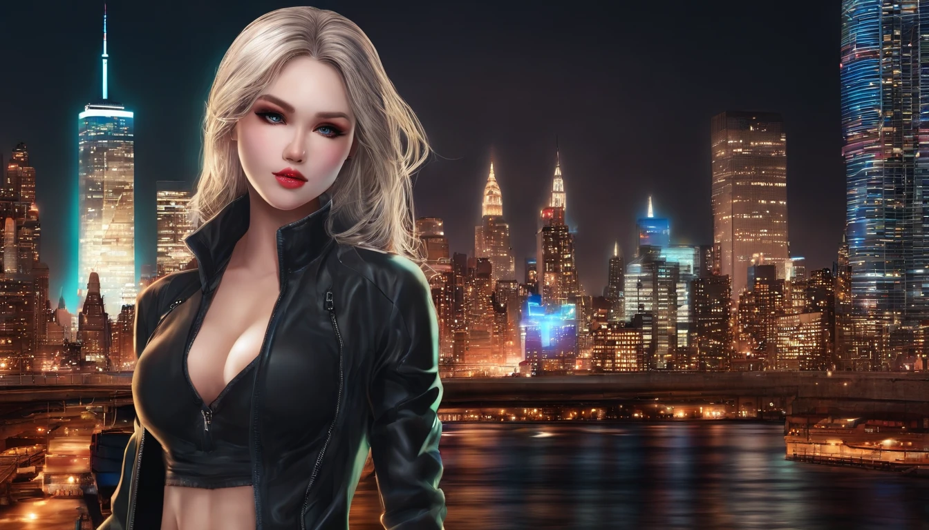 view full body,, A shy face with red cheeks　Sexy Woman(Position of the woman on the right side of the screen) realistic character，Bunky blonde hair, Sequin Dresses（Color/Sky Blue），show breast，Blue eyes, anime big breast, Alone, Modern, Cyberpunk Personality，fully body photo((mid night, nood, 8K, masutepiece:1.3)), full body Esbian, Long legs, Focalors:1.2, Perfect figure beautiful woman:1.4, Slim abs:1.1, ((dark brown hair, Colossal tits:1.2 )), (standing on your feet:1.2), ((New York City night neon lights up colorful buildings、Scene, teto:1.3)), Highly detailed facial and skin texture,, A detailed eye, 二重まぶた