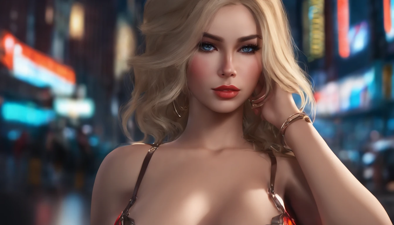 view full body,, A shy face with red cheeks　Sexy Woman(Position of the woman on the right side of the screen) realistic character，Bunky blonde hair, Sequin Dresses（Color/Sky Blue），show breast，Blue eyes, anime big breast, Alone, Modern, Cyberpunk Personality，fully body photo((mid night, nood, 8K, masutepiece:1.3)), full body Esbian, Long legs, Focalors:1.2, Perfect figure beautiful woman:1.4, Slim abs:1.1, ((dark brown hair, Colossal tits:1.2 )), (standing on your feet:1.2), ((New York City night neon lights up colorful buildings、Scene, teto:1.3)), Highly detailed facial and skin texture,, A detailed eye, 二重まぶた