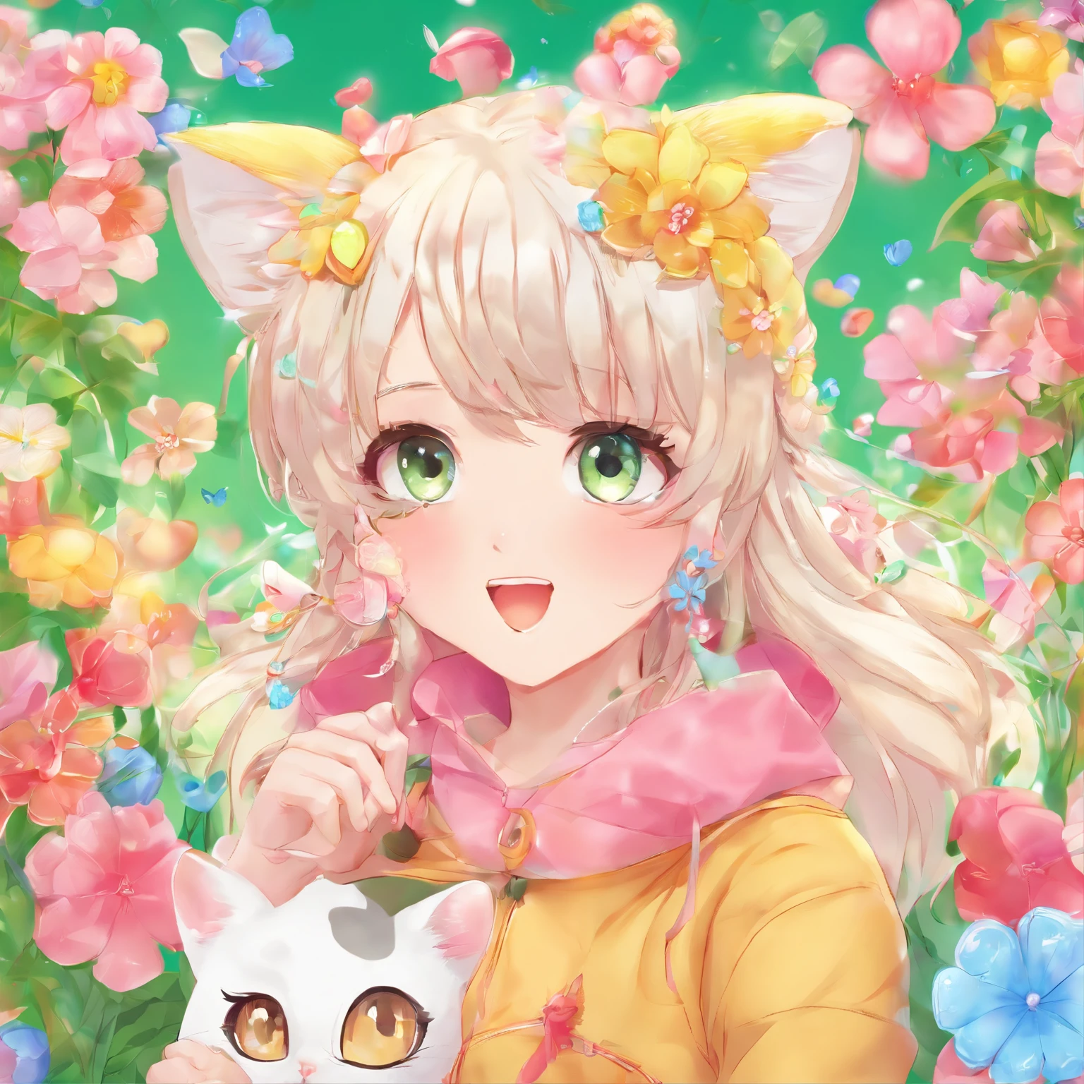 a beauty girl,Chemomimi,Nekomimi,Small face,light skinned,Cat Hands,Narrow shoulders,Navel out,huge tit,Arm slimming,Slender legs,Sit-in,On the bed,white clothes,Movmov,Green eye,Best Quality,The long-haired,weak