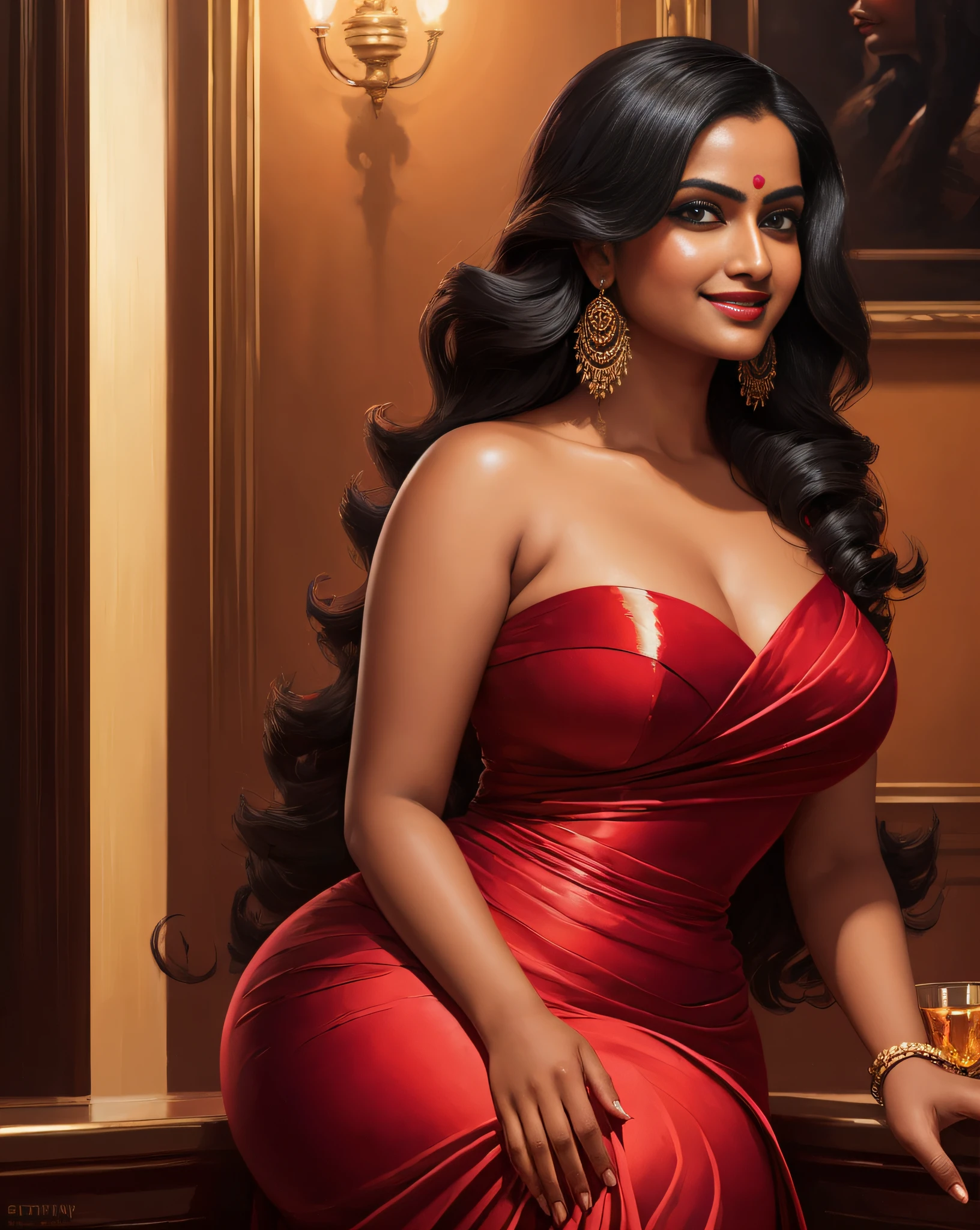 (masterpiece oil painting:1.3) of a (solo:1.3) ravishing curvy tall seductress Anupama Parmeshwaran as spy, at an elegant bar, wearing sexy designer red & black mermaid dress, luscious glossy lips, (ravishing glossy wavy backlit hair), (big intricate eyes:1.3), (seductive smile:1.3) soft dramatic lighting, seductive tension, busy background, backlit, light rays, highly detailed, trending on artstation, paint splashes, rich colour, fantasy portrait, by atey ghailan & greg Rutkowski