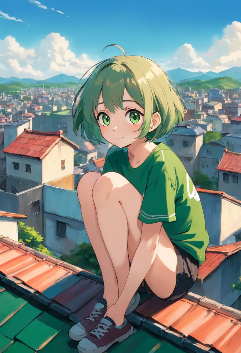 Girl sitting on the roof, big eyes, Green eyes, White eyelashes and eyebrows, Short Hair Hair, Black Tolstavka, Dark green shorts, ssmile