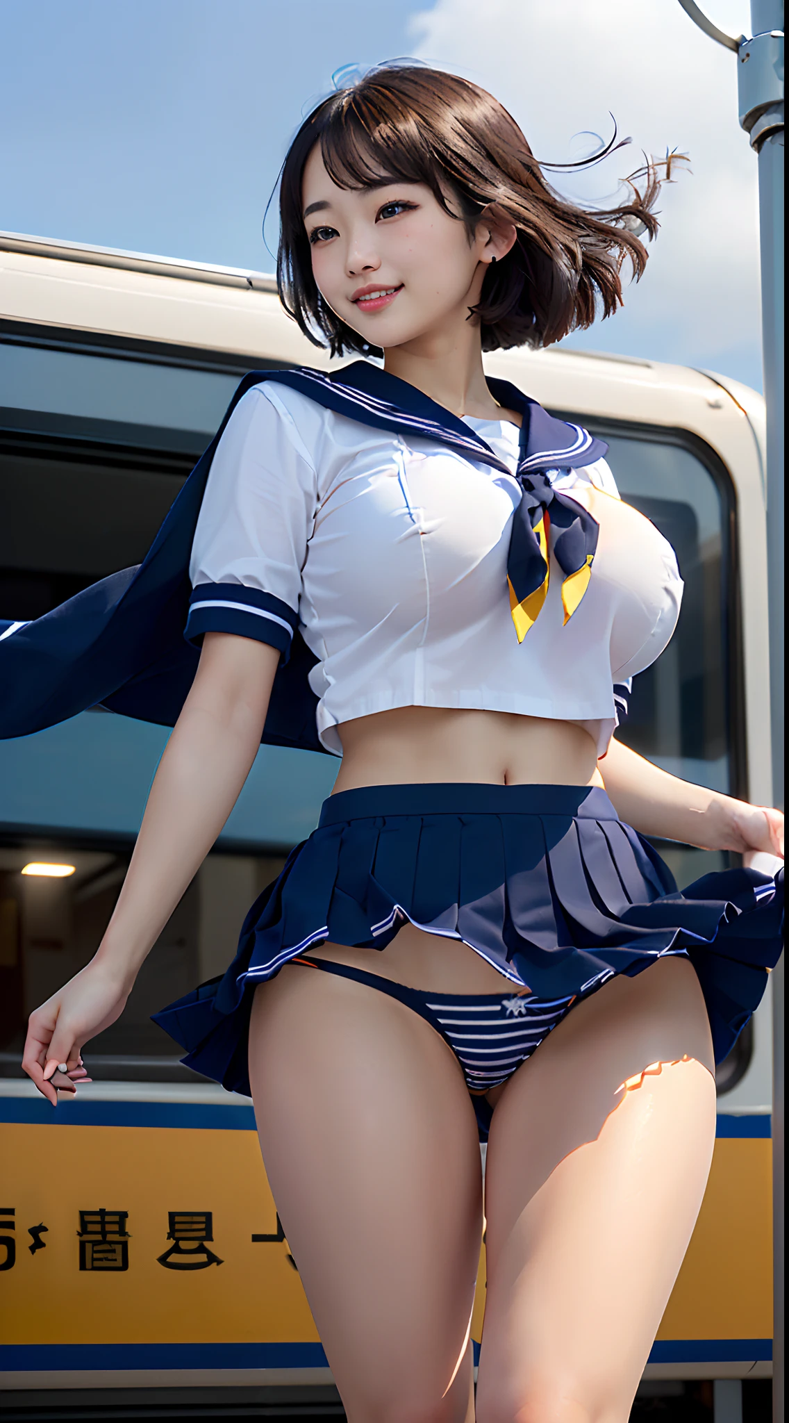 (in 8K、超A high resolution、Best Quality、Photorealsitic、masuter piece、The ultra -The high-definition、top-quality:1.1),(18year old:1.1)(hi-school girl、a sailor suit、Navy Pleated Mini Skirt、Black T-back、Hide all breasts、quite massive chest、Pretty big breasts、toned body:1.3)(Black hair short bob、Japan Cute Woman、Brown skin with a pretty tan、appearance々Pose:1.23)、Cute smile(windy up skirt、up skirt panties、Miniskirt fluttering in the wind:1.5)(Trem lotado、On the Saikyo Line train:1.28)