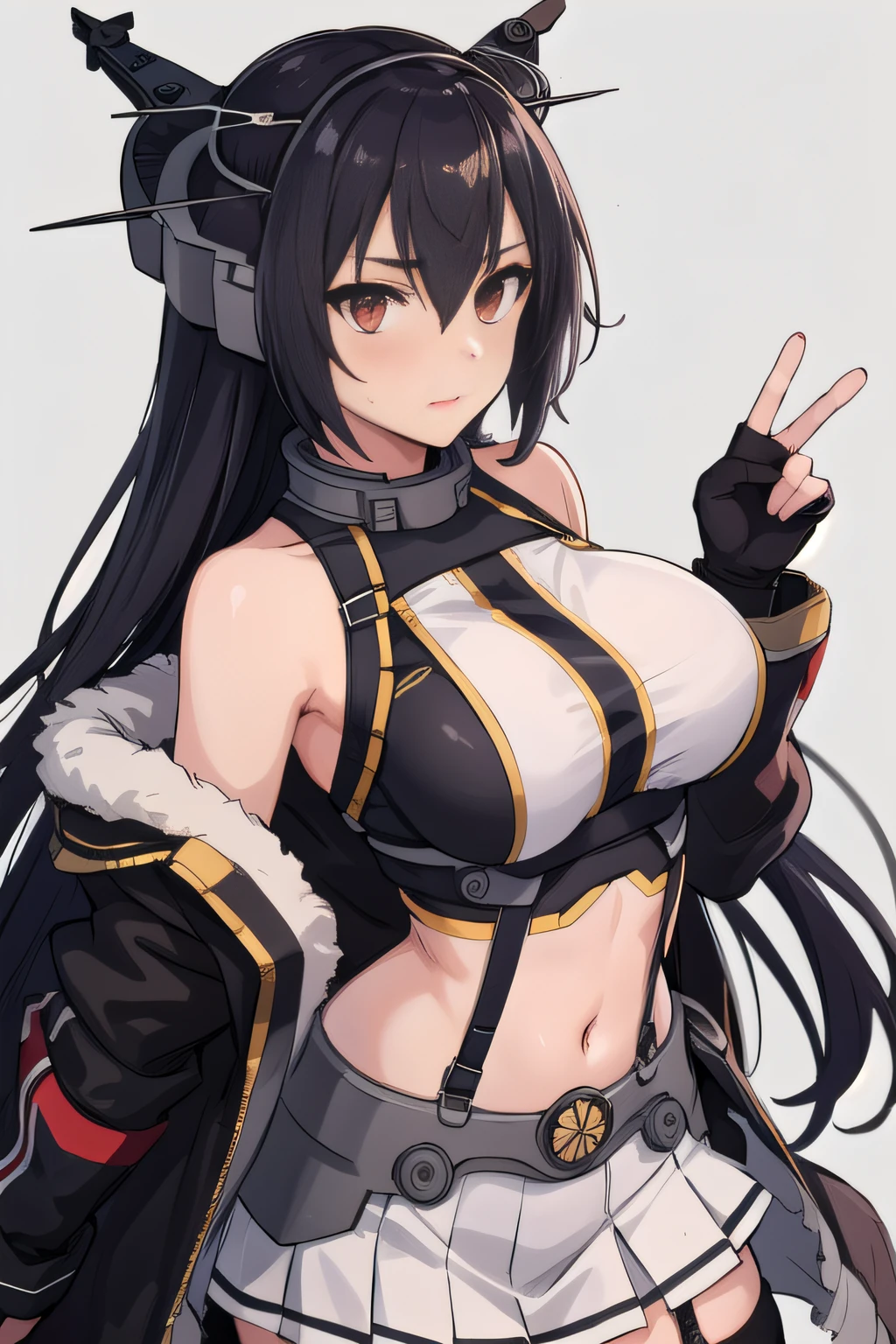 (masterpiece, best quality:1.2),illustration,8k,hd,1girl,solo,upper body,(portrait:1.2),black_hair,long_hair,red_eyes,large_breasts,hair_between_eyes,headgear,navel,black_gloves,elbow_gloves,miniskirt,pleated_skirt,skirt,thighhighs,white_skirt,garter_straps,partially_fingerless_gloves,red_thighhighs,fingerless_gloves,midriff,black_coat,coat,long_coat,