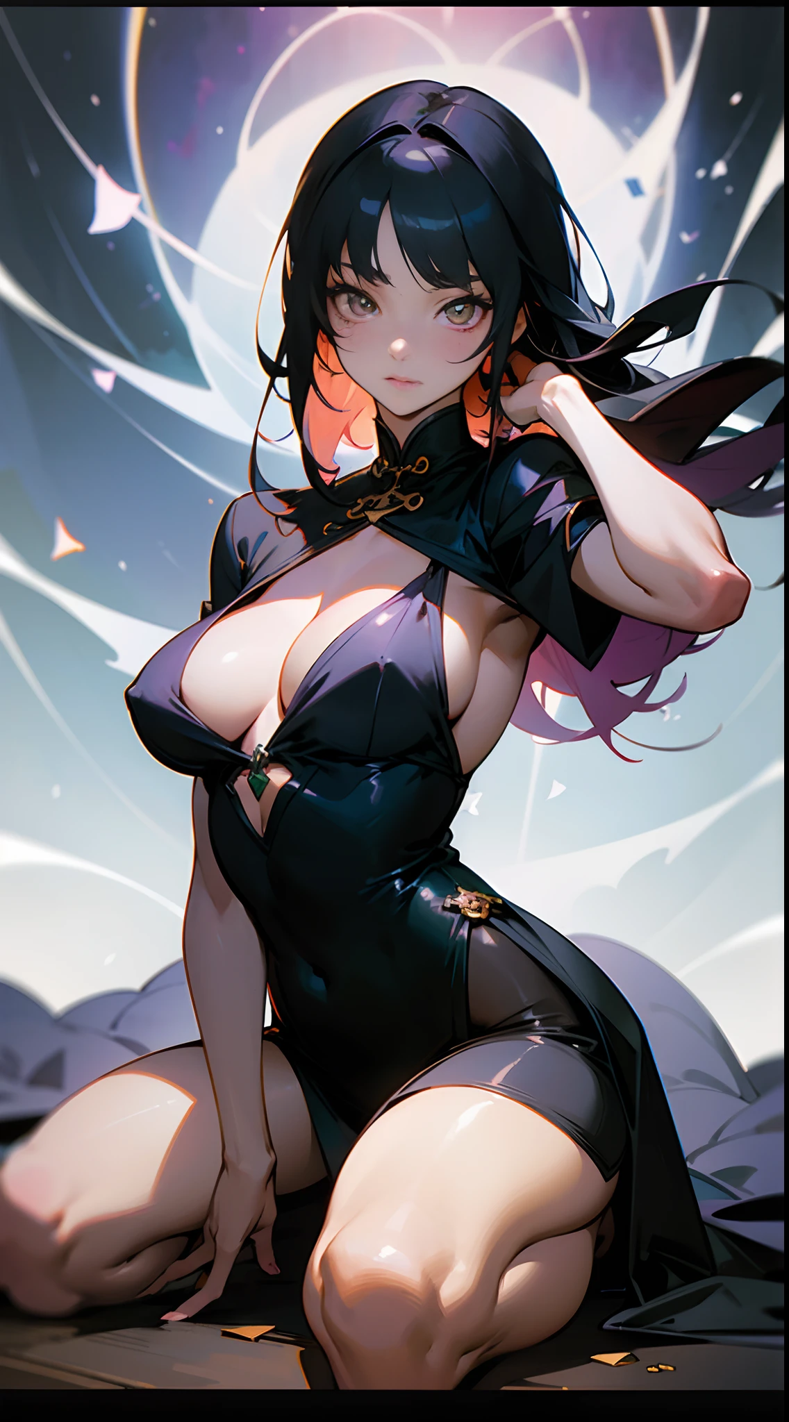 Pastel tones, Isometric camera angle, Higly detailed, Professional art, vivid colours, ((masterpiece)), 135 mm, studio lighting, ((bokeh)), (depth of field), Concept: captivating eyed anime waifu has glittery and insanely glowing runes covered her skin, wearing a { daringly  kentaro miura+derek gores art dress}, 8k resolution, masterpiece luminescent anime style drawing, intricate details, [Composition: a striking eyed straight cut bangs two chinese bun and black haired albino glowing eyes anime character all over kneeling in the middle of the nothingness] full body art, sensual anime woman, anime illustration, beautiful anime artwork, anime artwork, ultra sharp, high quality fabric, [Alejandro bursido style background], Oil painting of a anime waifu by Frank Frazetta, by Yoji shinkawa