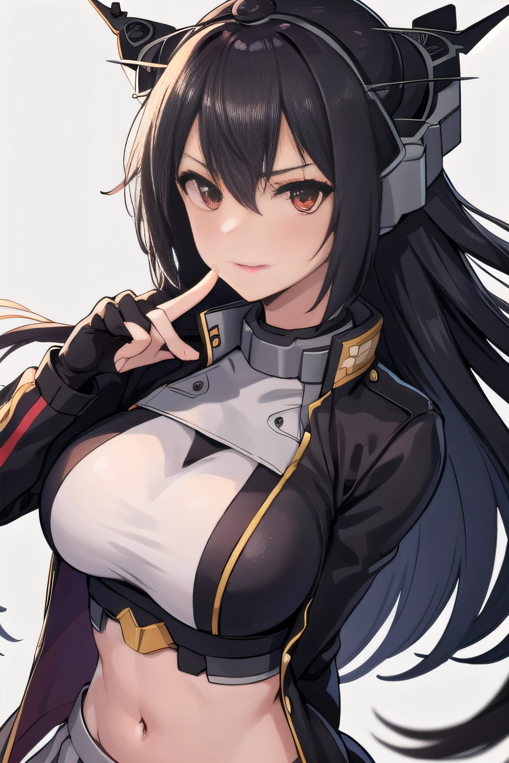 (masterpiece, best quality:1.2),illustration,8k,hd,1girl,solo,upper body,(portrait:1.2),black_hair,long_hair,red_eyes,large_breasts,hair_between_eyes,headgear,navel,black_gloves,elbow_gloves,miniskirt,pleated_skirt,skirt,thighhighs,white_skirt,garter_straps,partially_fingerless_gloves,red_thighhighs,fingerless_gloves,midriff,black_coat,coat,long_coat,