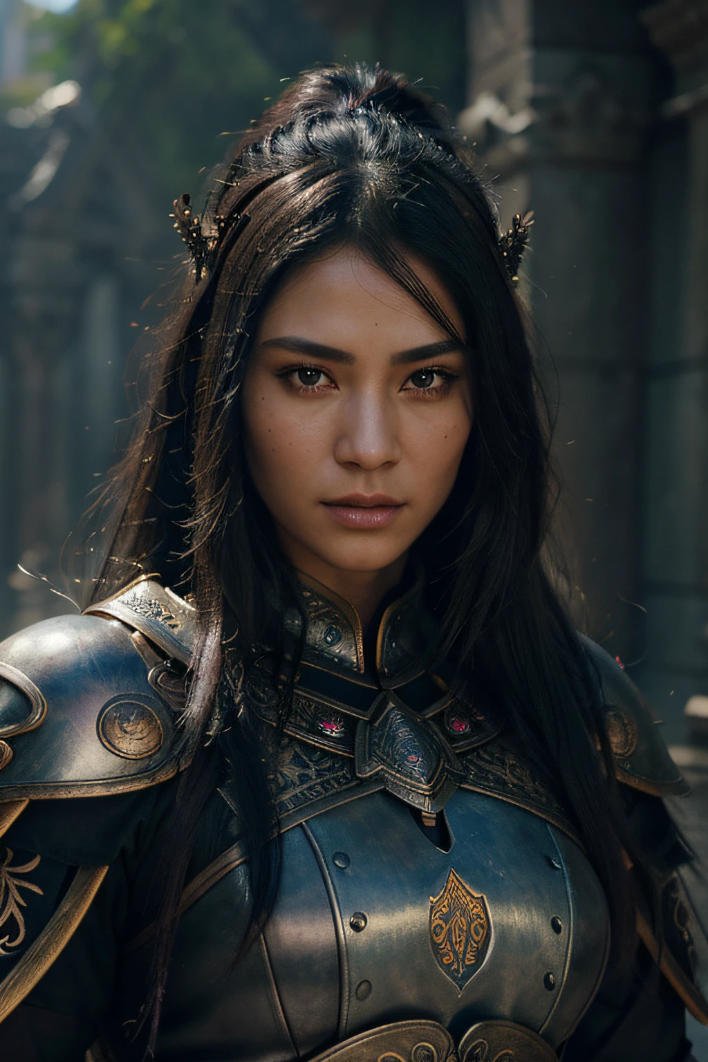 fantasy shaman, powerfull indonesian man, with long black hair, wearing ornate intricately decorated leather armor, realistic render, Dungeons and Dragons, Fantasy, octane render, zbrush. Character design, photorealistic, unreal engine, hyper-detailed, concept art, trending on art station. ((best quality)), ((masterpiece)), ((realistic)), (detailed), close up portrait, full body portrait, black eyes, wearing machine armor, highly detailed skin and hair, looking at the viewer, Fantasy art, stunning gradient colors, no watermark signature, closed mouth, detailed background, future city, closed mouth, insanely detailed, ((masterpiece)), absurdres, HDR.