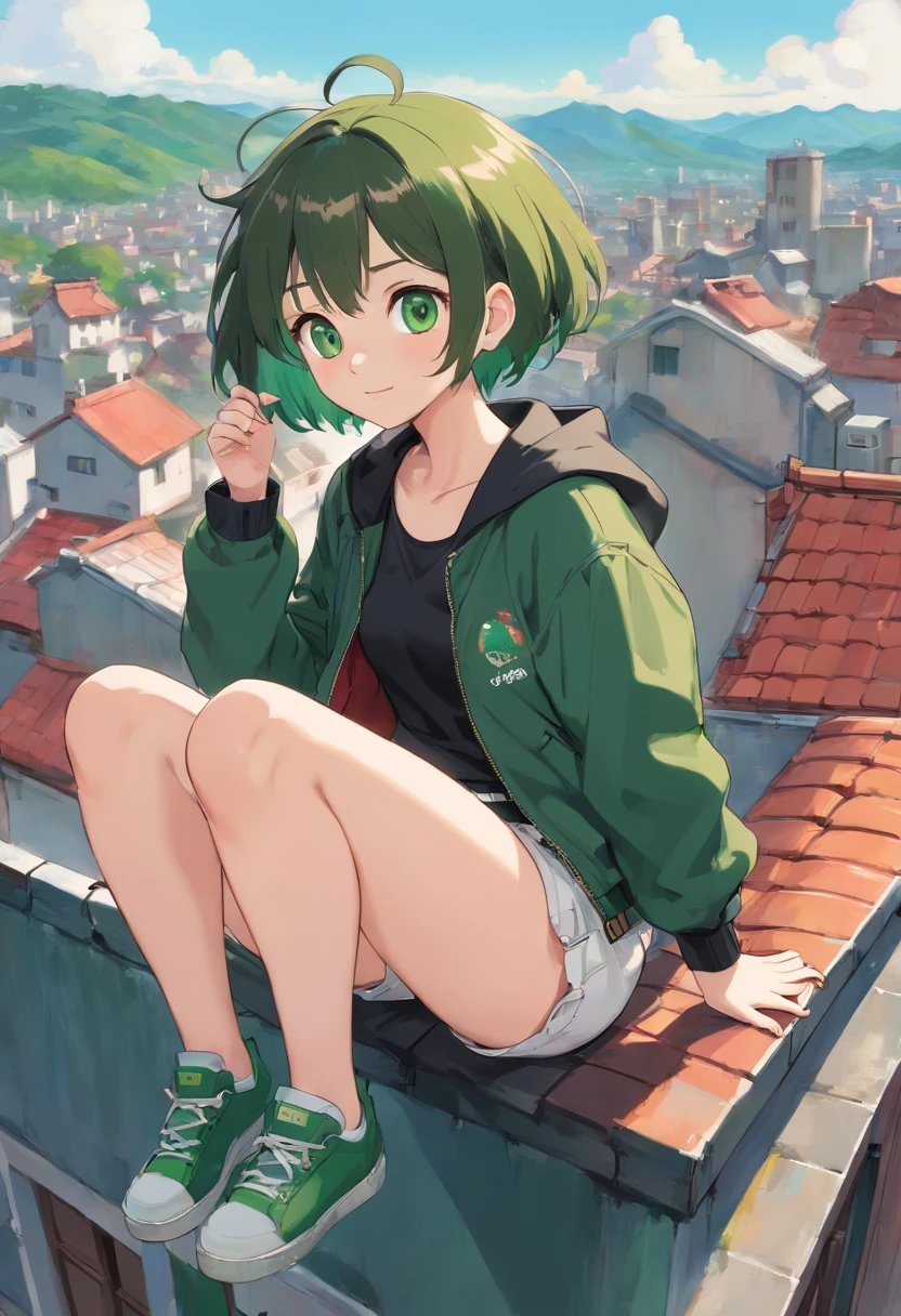 Girl sitting on the roof, big eyes, Green eyes, White eyelashes and eyebrows, Short Hair Hair, black jacket , Dark green shorts, ssmile, Short Hair Hair, Hair Tomboy, Hair white