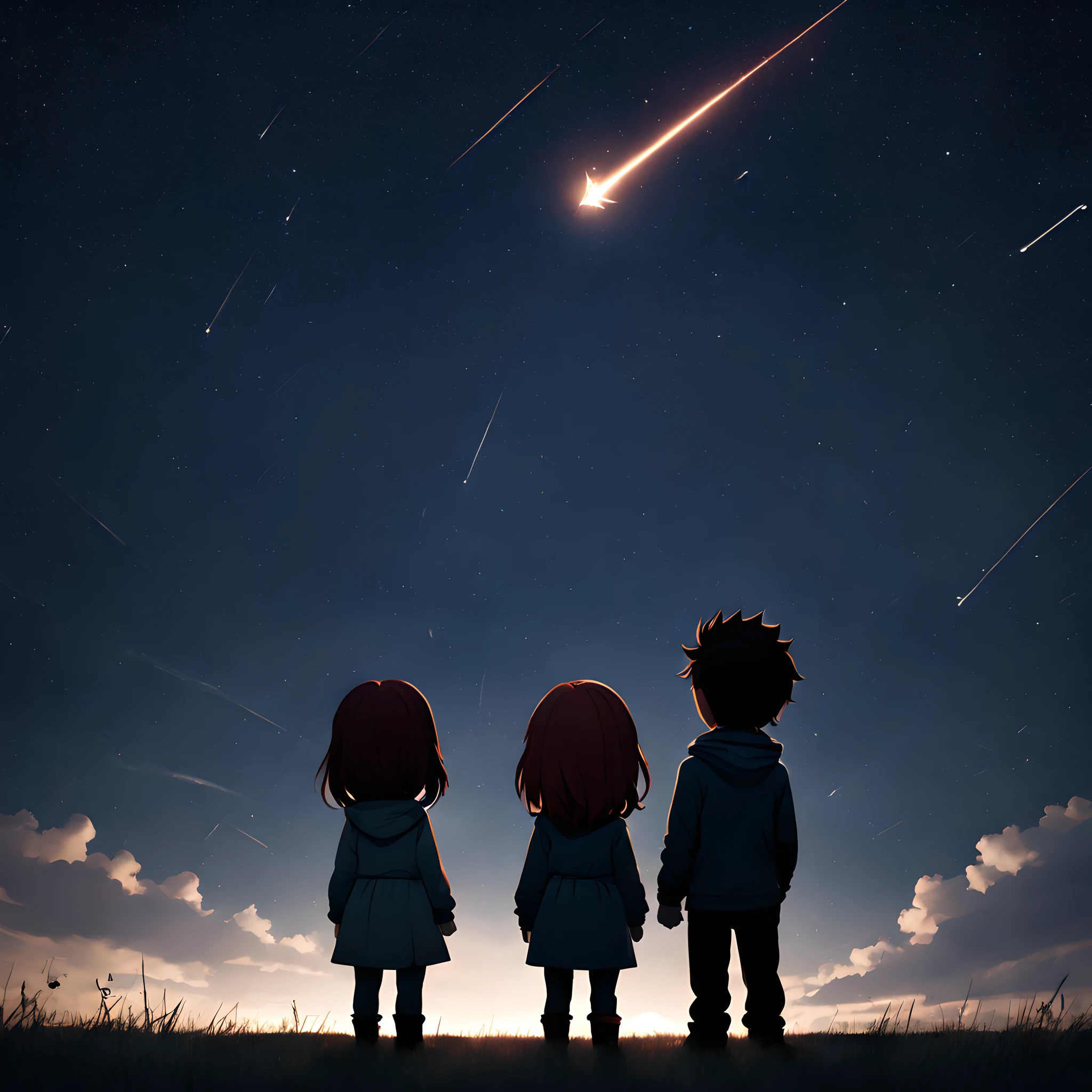 (Meteor:1.5), (magic:1.5), (fantasy:1.5), (centered image:1.5), (dark night sky:1.5), (starry sky:1.5), (cloud:1.5), (chibi emote:1.5), (chibi character:1.5), (Meteor:1.5), (shooting star:1.5), (Perseid meteor shower:1.5), (Back view of a couple staring at a meteor shower:1.5),