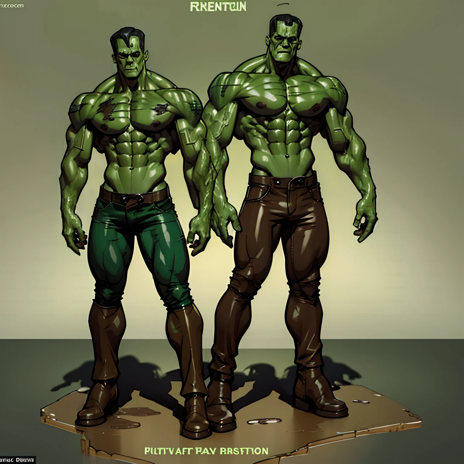Frankenstein monster, and, green skin, muscular, masterpiece, full body view, distressed clothes, shirtless, brown pants, oversized boots, angry face, bolts on each side of neck