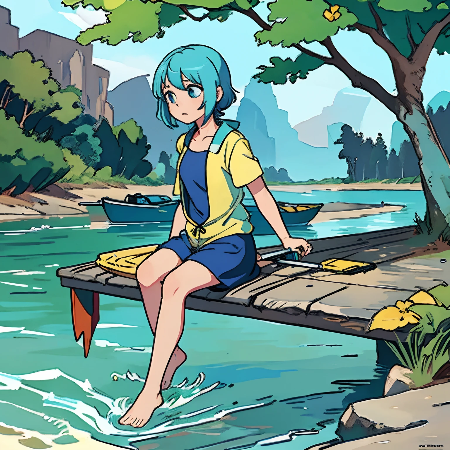 Fishing in the river, summer, under the tree, girl, yellowish blue hair, hd, tired face,barefoot,wearing one piece