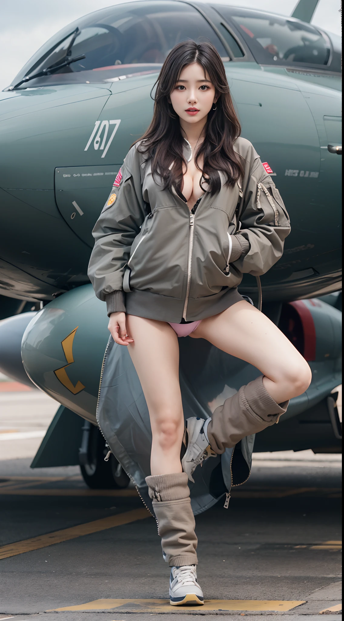 Standing on the cockpit of a fighter jet、Only panties under the MA1 jacket、One beautiful woman、huge tit、cleavage of the breast、beauty legs、((full bodyesbian))