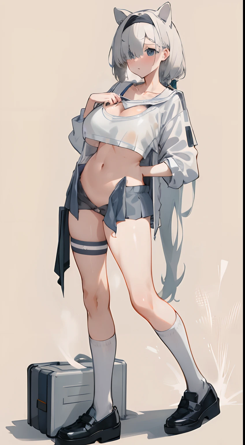 Leakage out of the collarbone,Neck leakage,school uniform,knee length socks,standing straight,Student leather shoes,boobgasm,Blank background,soaked pubic hair,Clothes are soaked,Exposed skin,dual horsetail