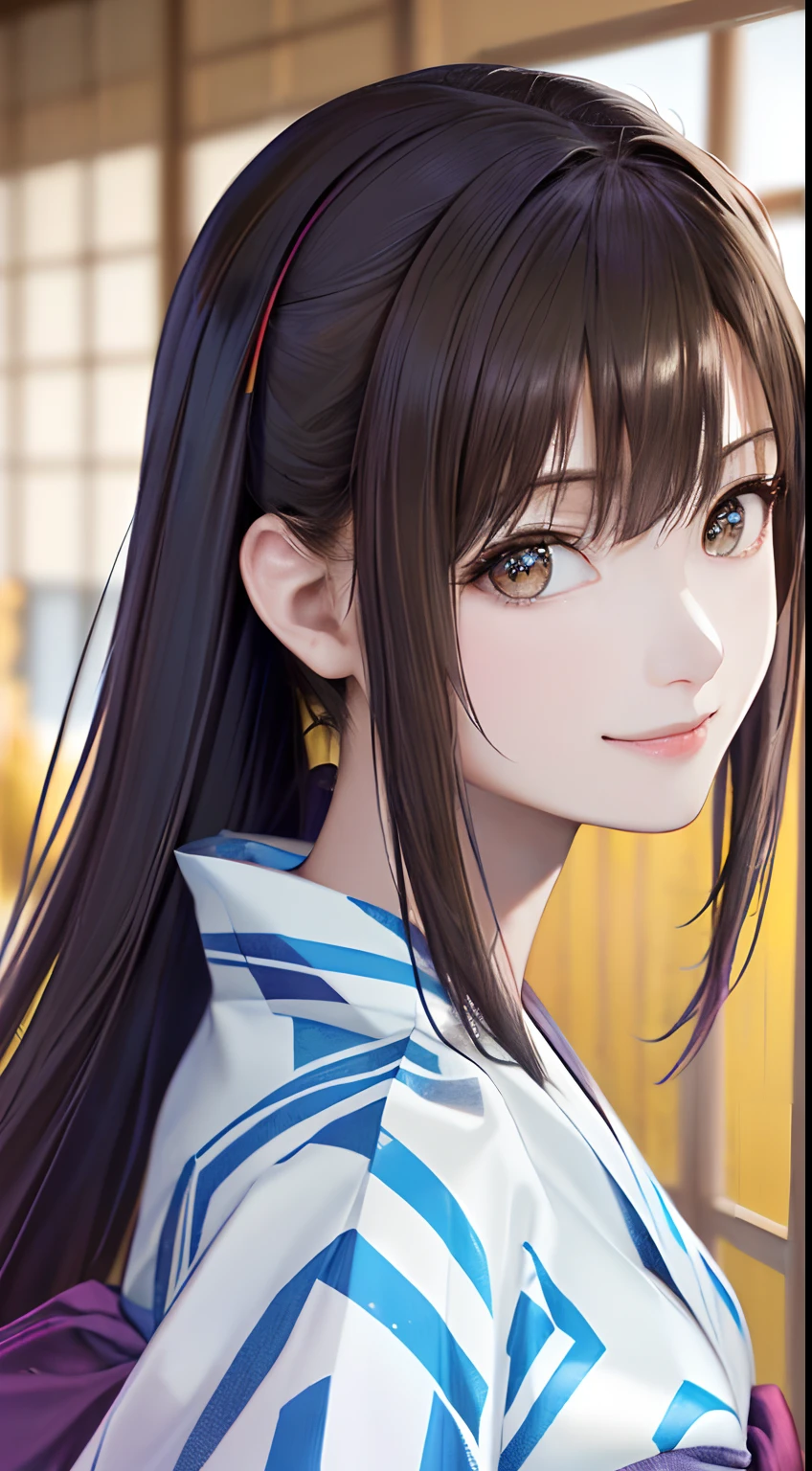 (top-quality、8K、32K、​masterpiece、nffsw:1.2)、(Raw photography)、(realisitic)、(Photorealsitic:1.2)、(hight resolution)、ultra-detailliert、extremely beautiful face and eyes、1girl in、round small face、big breasts thin waist、Delicate body、(a closeup、top-quality、high detailing、rich skin detail、nffsw)、(Best Quality、8K、Oil Painting、masutepiece:1.2)、Ultra-detailed、(Realistic、Photorealistic:1.37)、Vibrant colors、(((I'm wearing a yukata)))、(((Purple and yellow yukata)))、(((A smile)))、(((light brown hair)))、(((Very long hair)))、(((side poneyTail)))、(((bustshot)))、white backgrounid