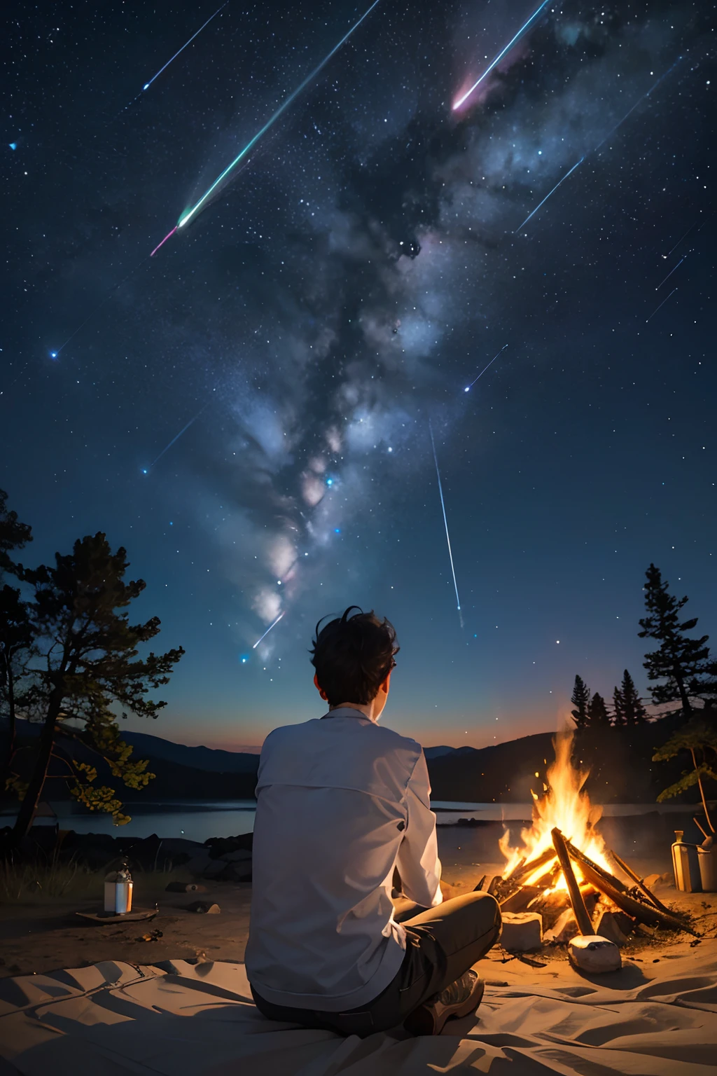 masterpiece, 1 man observing ( Orionids meteor shower), Orionids meteor shower, beautiful, woman, solo, camping, campfire, looking at the Orionids meteor shower, from behind, from below, outdoor,