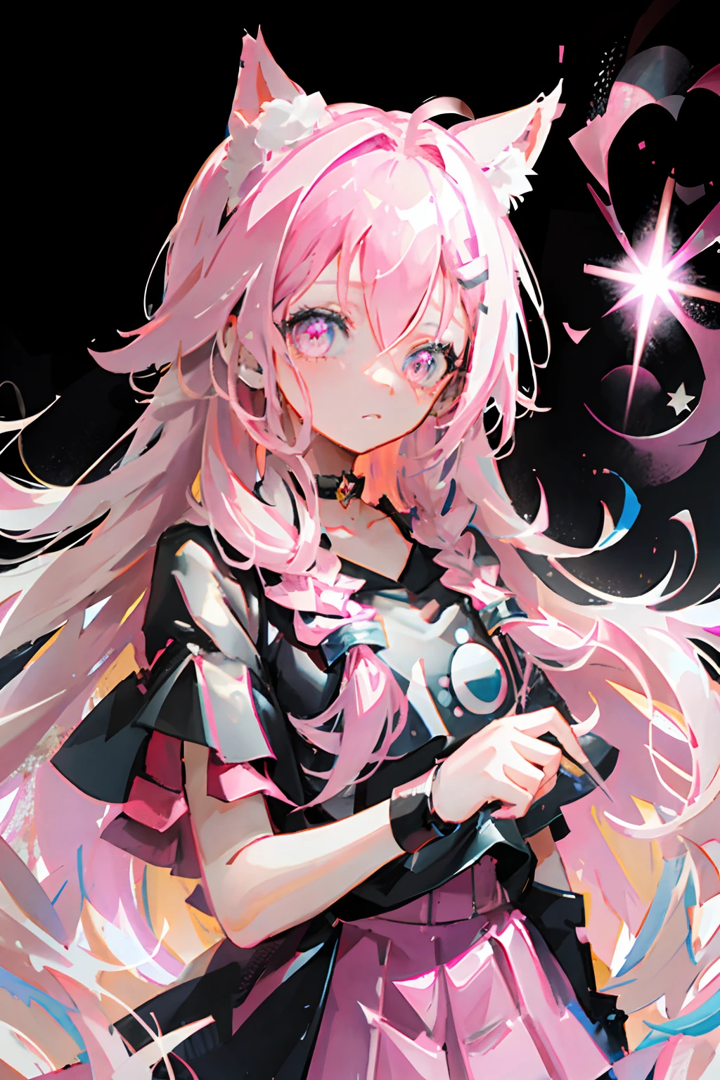 ，The hair is pink，Long hair，The cat ears on the head come down vertically，The cat ears are pink，Big，There are also two demon horns on the head, as well as a star bow，Pink，The eyes are pink and red, and then there is pink on the neck，Headphones with a bit of white