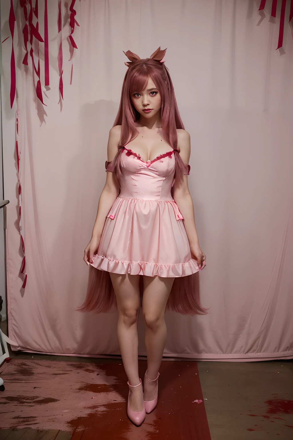 full body frame, cute long pink-haired woman, with a coquette little pink dress with ribbons and fully covered in blood, pink eyes and a pink bat full of nails and pink ribbons, jelly makeup look, asian, killer girl