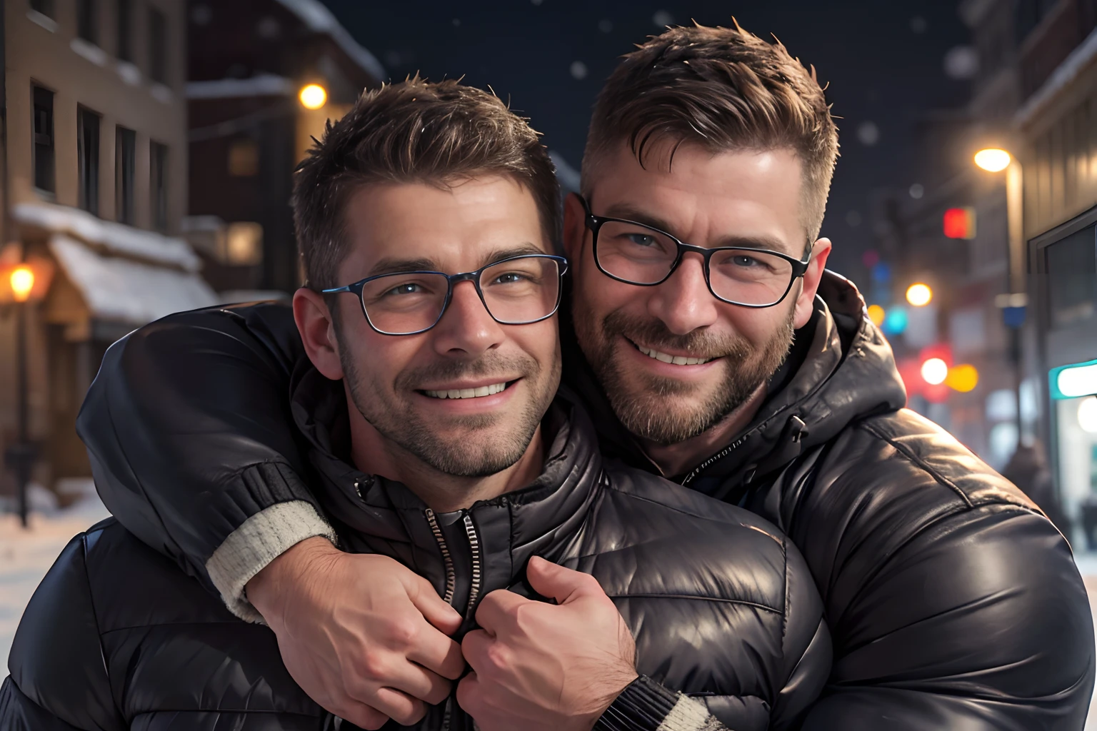 Award-winning original photos，2men, wild muscular men, (40 years old daddy:1.1), beards, burly, hunk, jackets, smilling happily, one of the man wearing glasses, standing on a snowy city streets, cold atmosphere, snowy, hugging, detailed, lovely, faces closeup