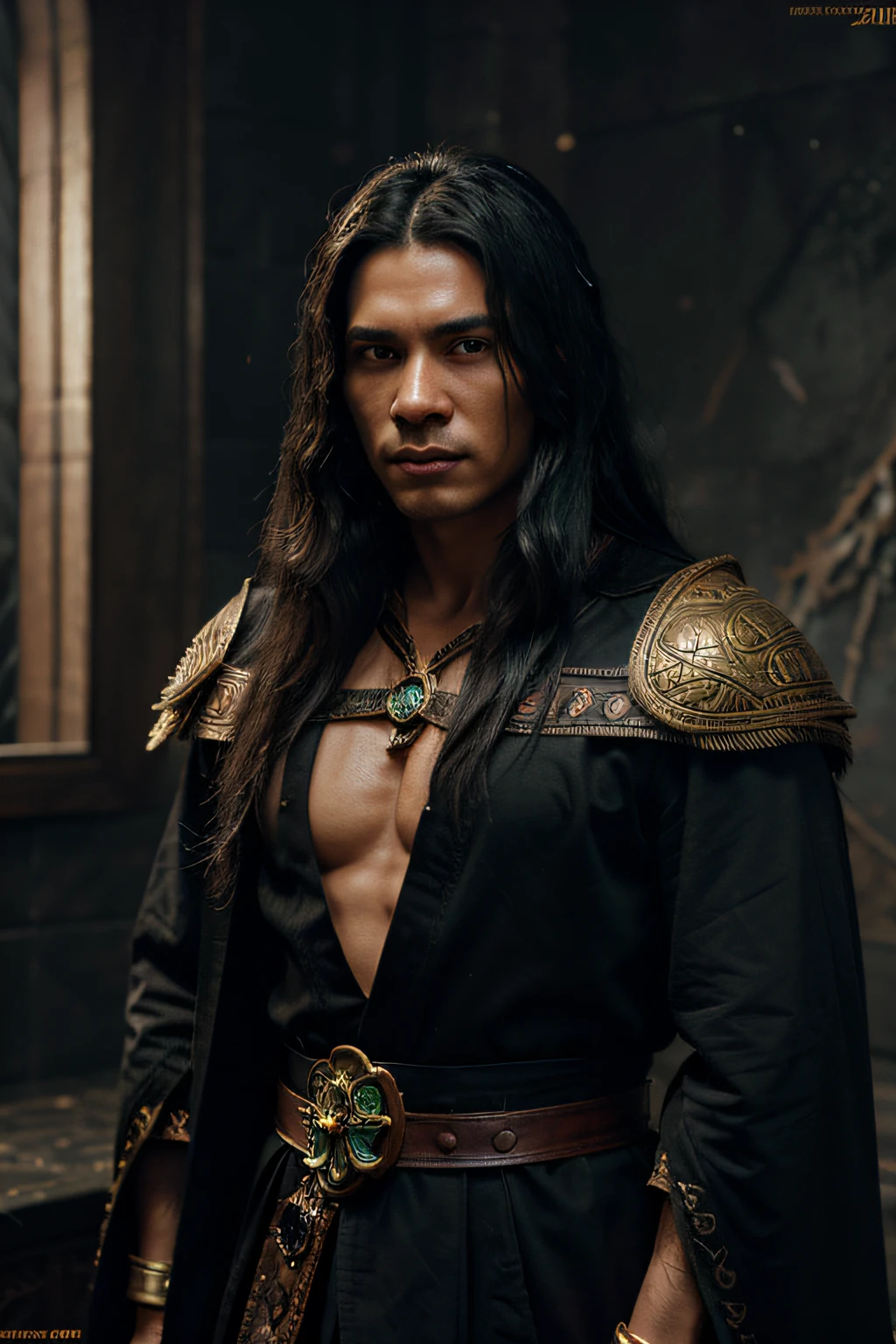 fantasy shaman, strong indonesian man, with long black hair, wearing a black leather robe decorated with intricate gold motifs, realistic rendering, Dungeons and Dragons, Fantasy, octane rendering, zbrush. Character designs, photorealistic, unreal machines, highly detailed, concept art, trending on art station. ((best quality)), ((masterpiece)), ((realistic)), (detail), close-up portrait, full body portrait, black eyes, wearing a robe, highly detailed skin and hair, looking towards the viewer, Fantasy art, stunning gradient colors, no watermark, closed mouth, detailed background, dark future city with small moon in green and blue, closed mouth, incredible detail, ((masterpiece)), absurd, HDR.
