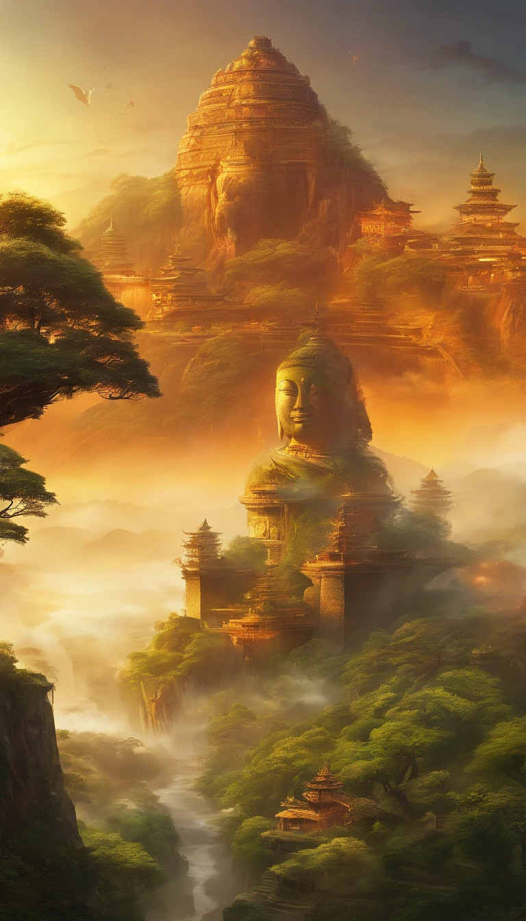 A giant, Realistic depiction of Leshan Buddha, Blend seamlessly with nature, surrealism, Ultra-detailed, Photorealistic:1.37, 3D rendering of, Cinematic lighting, Divine light, Ultra-high definition, Masterpiece:1.2, Textured skin, Best quality, high resolution