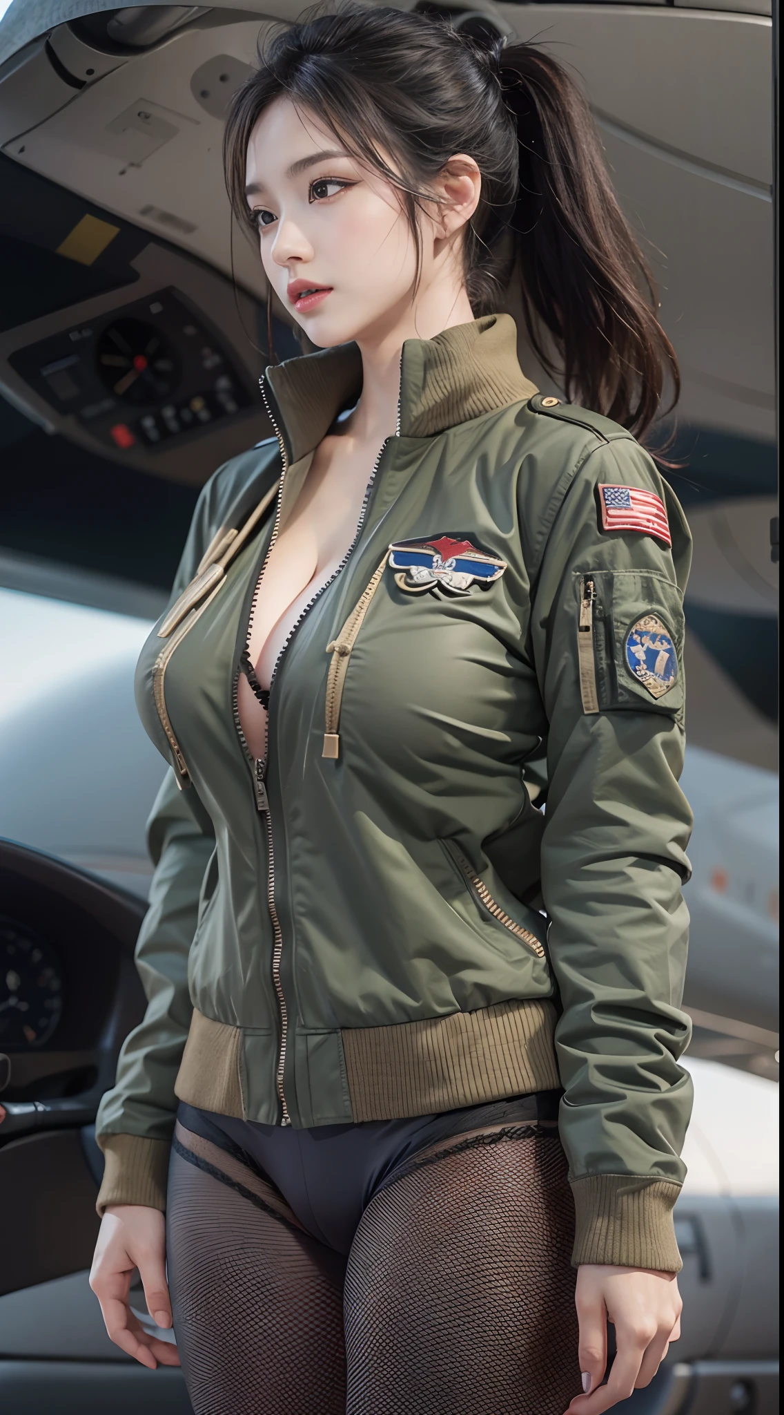 Standing on the cockpit of a fighter jet、Only panties under the MA1 jacket、One beautiful woman、huge tit、cleavage of the breast、beauty legs、((full bodyesbian))