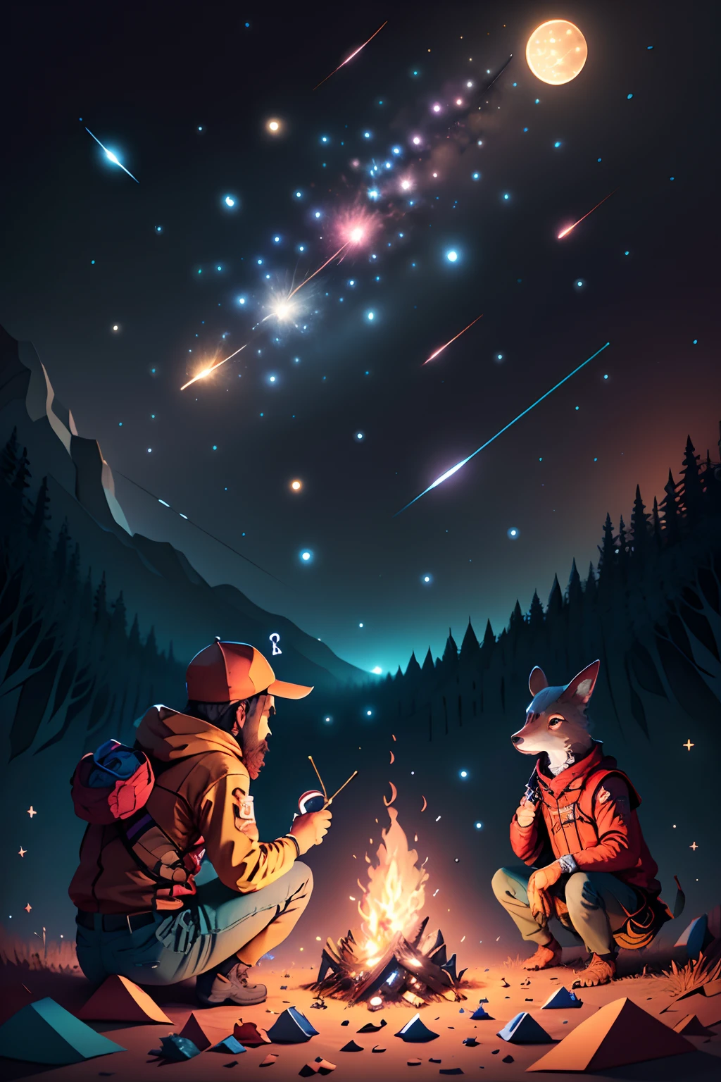 (((masterpiece))),best quality,illustration,beautiful detailed glow, paper_cut, masterpiece, 1 man observing ( Orionids meteor shower), Orionids meteor shower, beautiful, woman, solo, camping, campfire, looking at the Orionids meteor shower, from behind, from below, outdoor, vibrant color