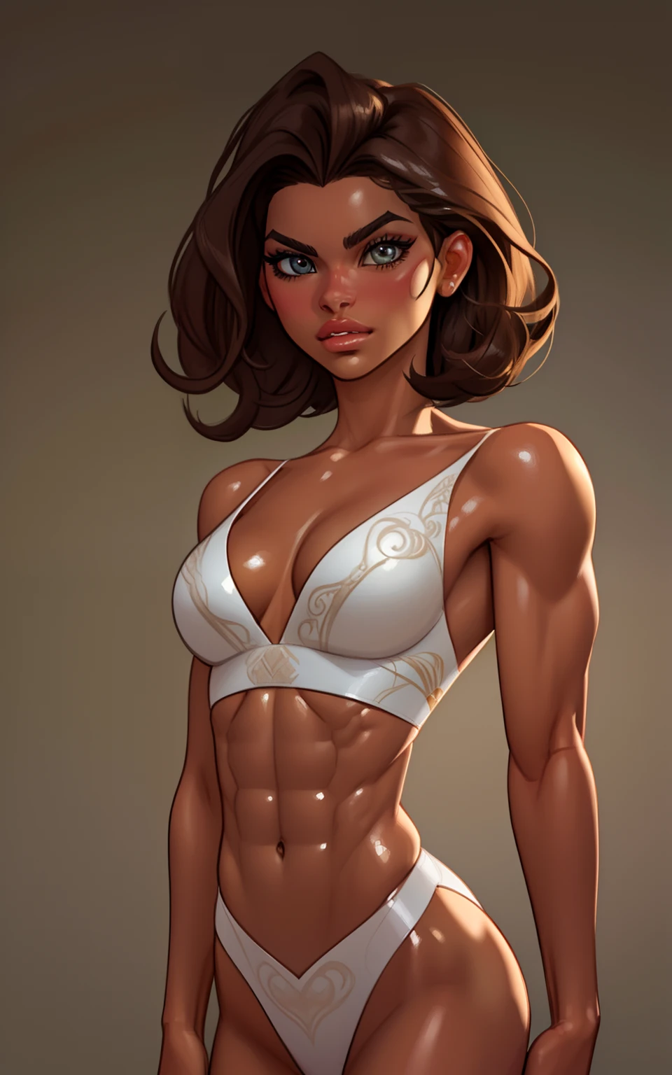 (((beautiful))) a photo of ((Zendaya)) (((brown skin))) and (((smoldering eyes))). Her (((hair curve elegantly backwards))), 8k, 4k, Unreal Engine 5, octane render, trending on pixiv, fanbox, skeb, masterpiece, ((slendered abs )),(small breasts:1.1), (petite), ((short curly hair)) wide hips, (full lips:1.5), smooth soft skin, big dreamy eyes, beautiful intricate brown hair, anime wide eyes, soft lighting, concept art, digital painting,