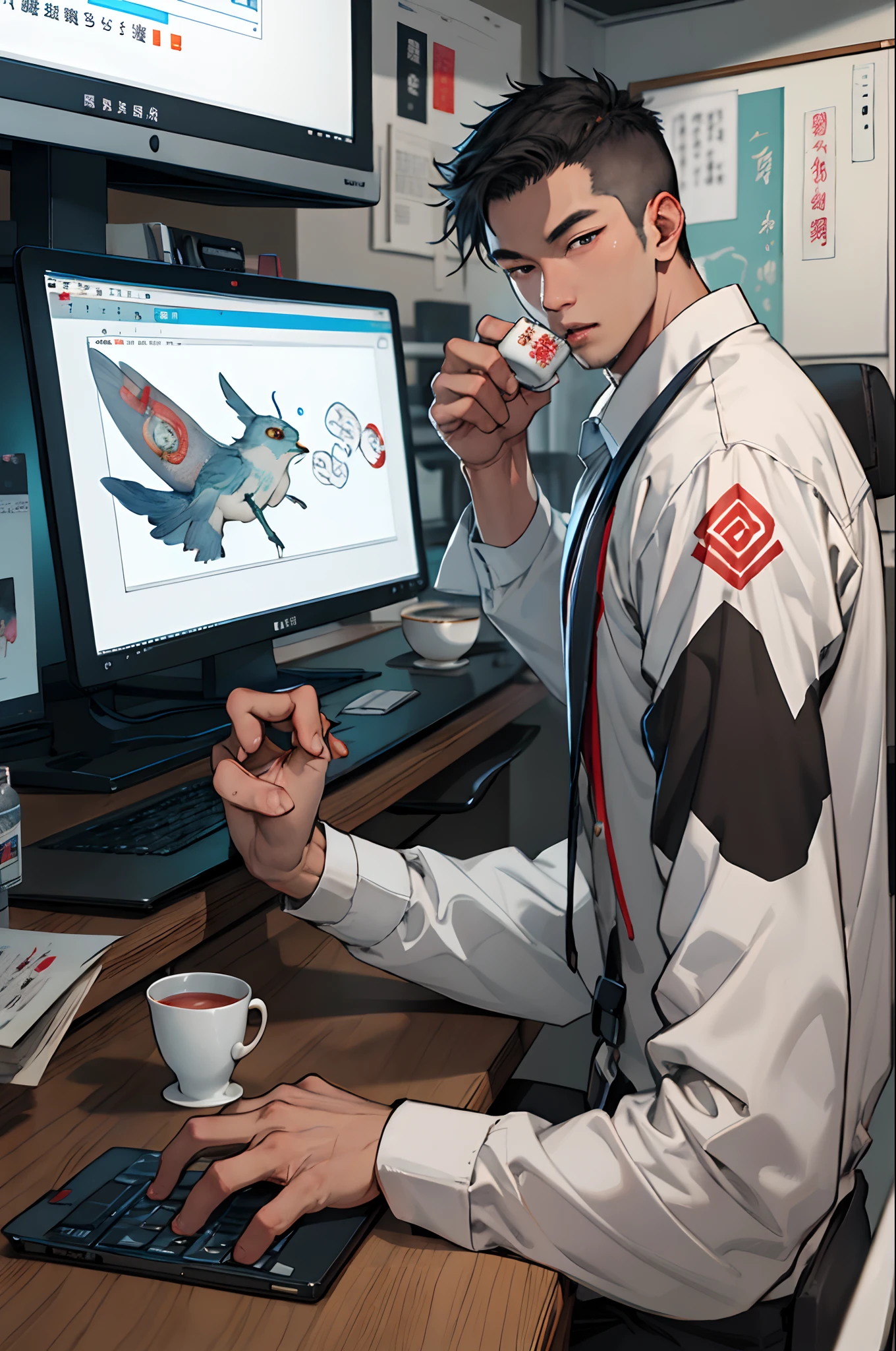 Draw a Chinese painting of Ultraman drinking tea at his computer desk in his office