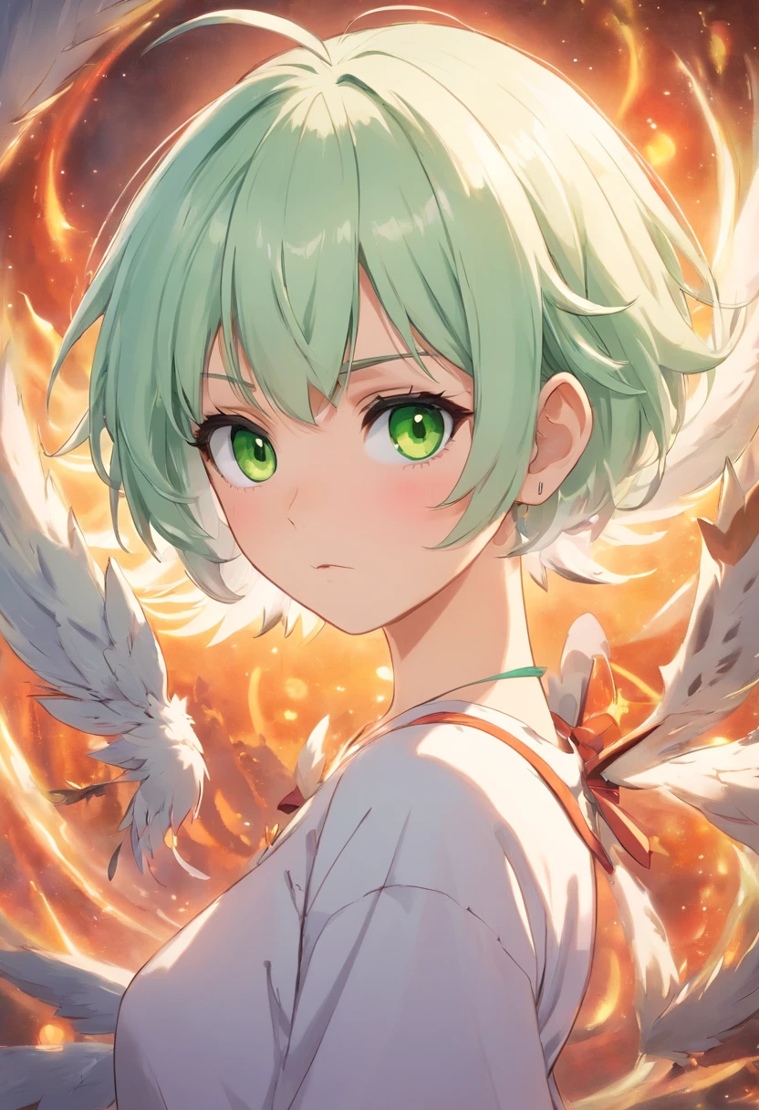 Pixie hairstyle, white colored hair, big eyes, Green eyes, A topic with an inscription "My life is hell", briefs,