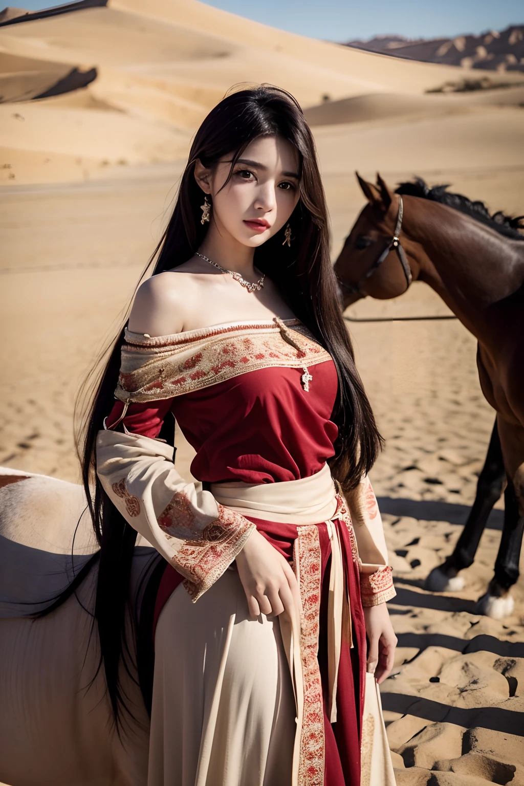 JasmineWaifu, Arabic costumes ,8K,Beautiful face, Realistic photos, off-the-shoulder shirts, Skirts are tied more, Long hair jewelry red arabic costume standing next to Arabian horse in the desert