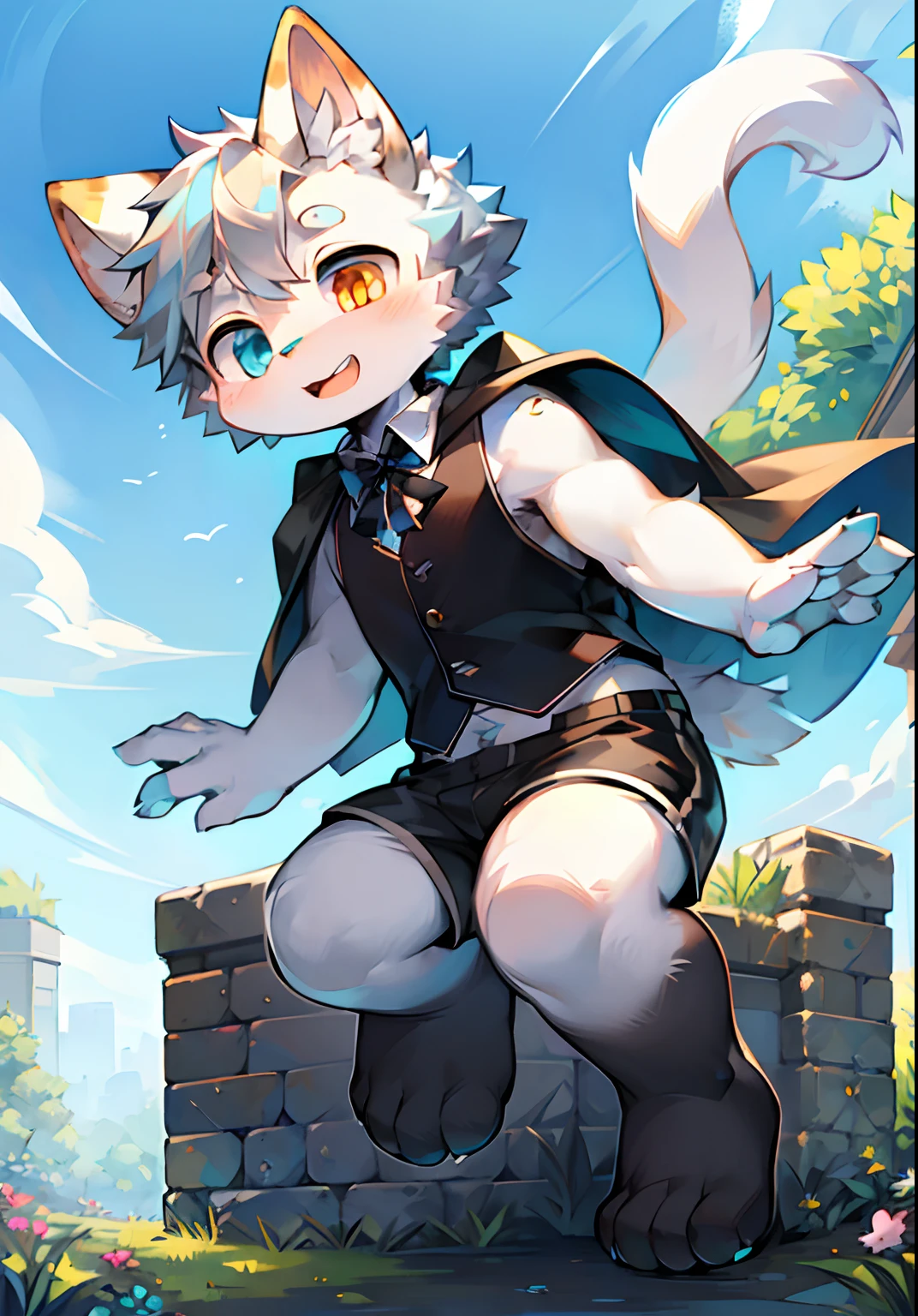 Furry,wolf boy,White fur,crystal blue eyes,Single fluffy tail,greyt hair,short detailed hair,summer day,Wear diving goggles,masculine features,squat,asshole,Bulge,Sexy latex swimsuit,stirrup legwear,full body,Beautiful feet,cuming