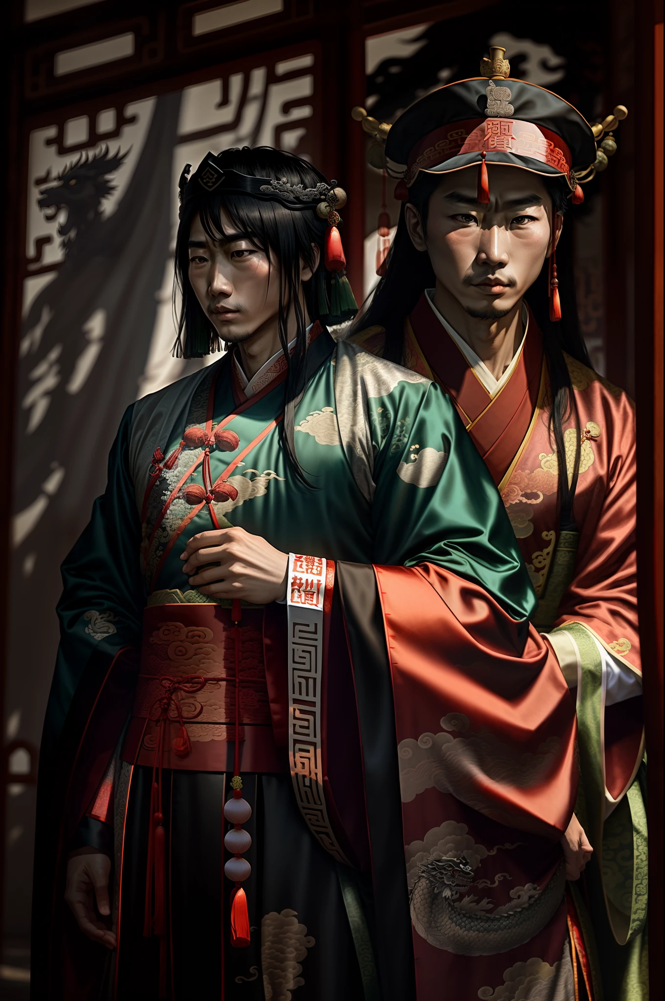 Emperor, Emperor of China, king's crown with tassels, long sleeves, portrait, solo, Chinese dragon pattern, youngster, Chinese style clothes, Magnificent palace, Hanfu, Hanfu in black and gold color, high contrast, The figure is in the shadows, Wide-Angle, high quality, anatomically correct